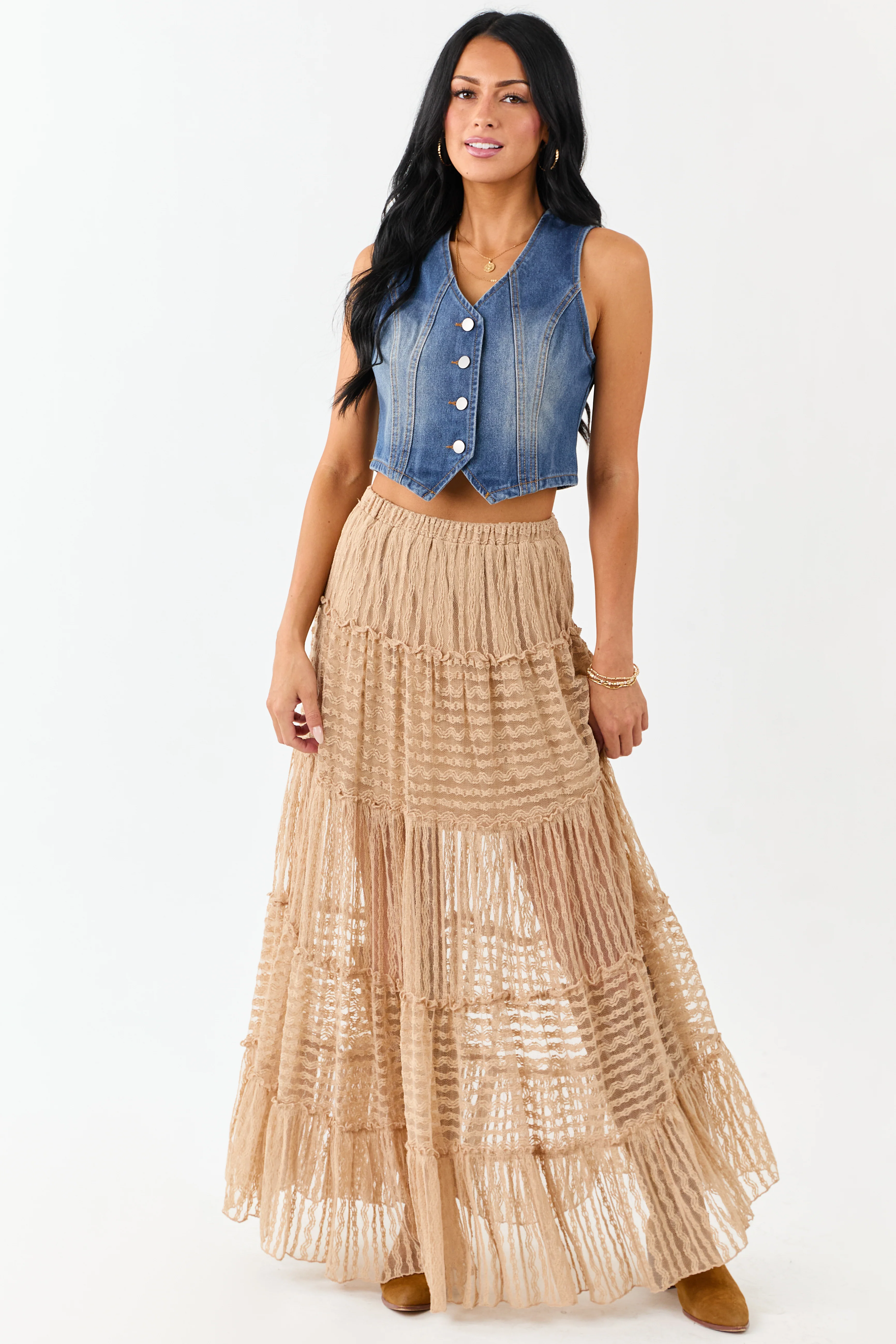 Latte Tiered Frill Lace Flowy Maxi Skirt - Image 10