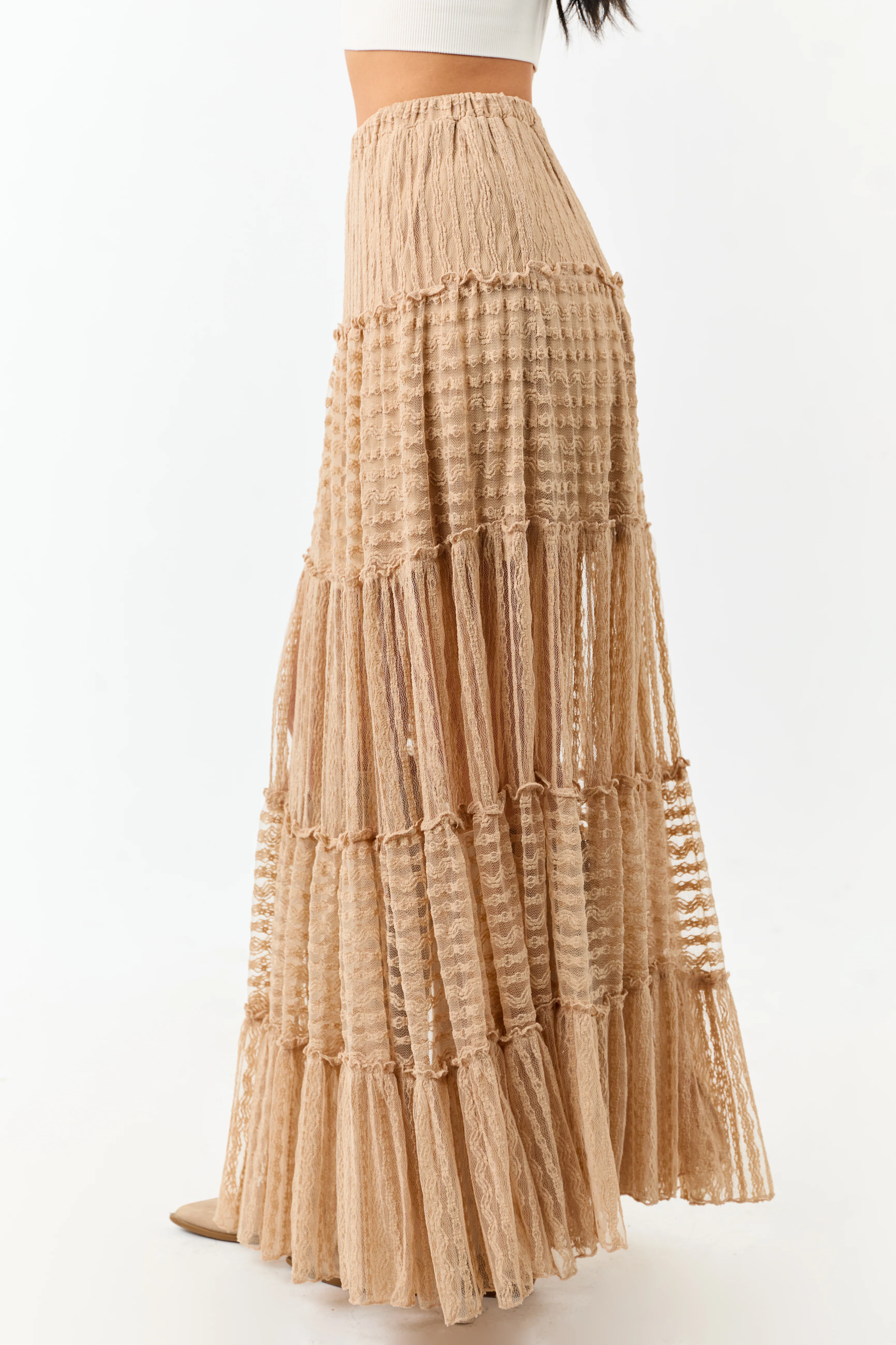 Latte Tiered Frill Lace Flowy Maxi Skirt - Image 5