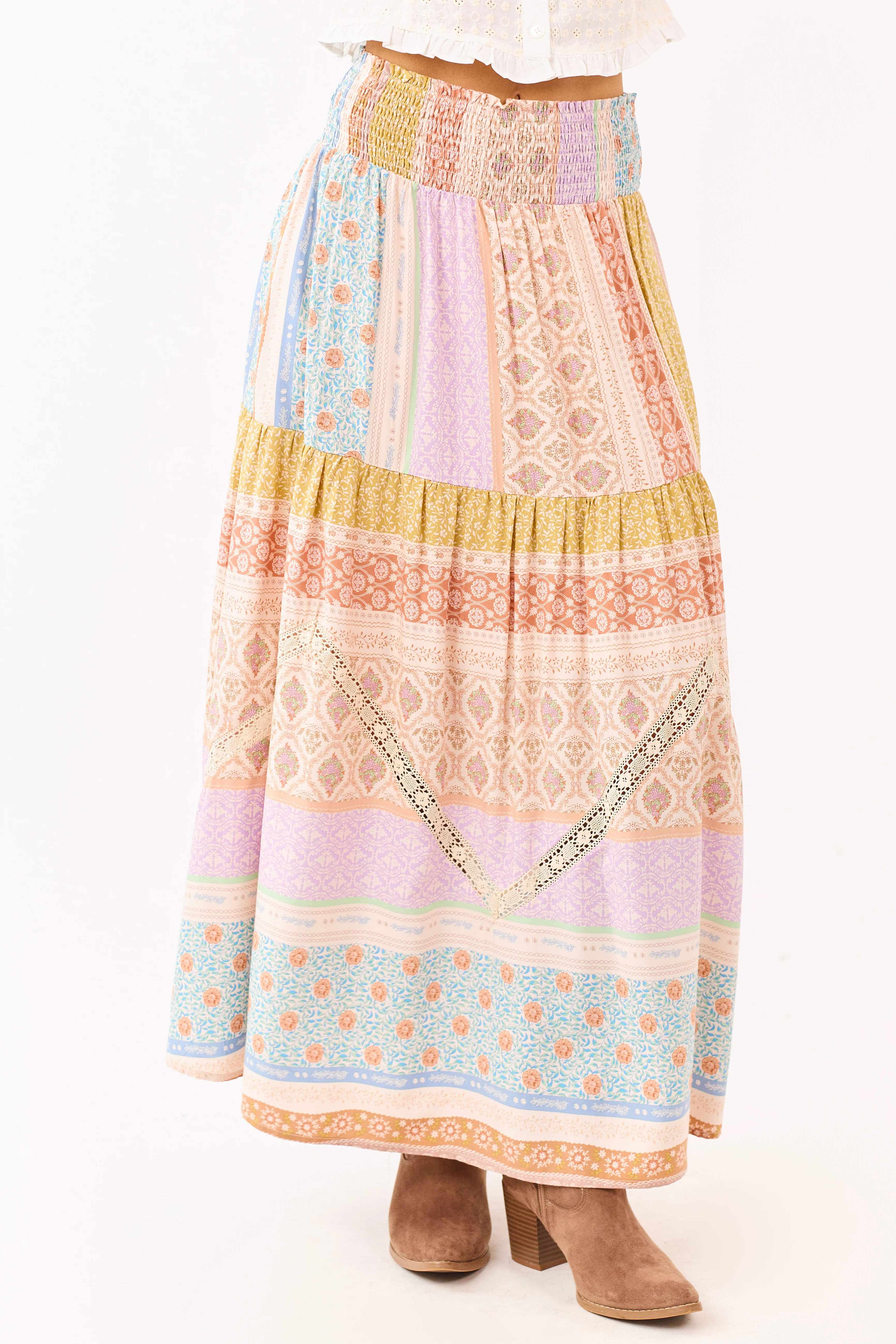 Lavender Floral Patchwork Smocked Waist Maxi Skirt - Image 3