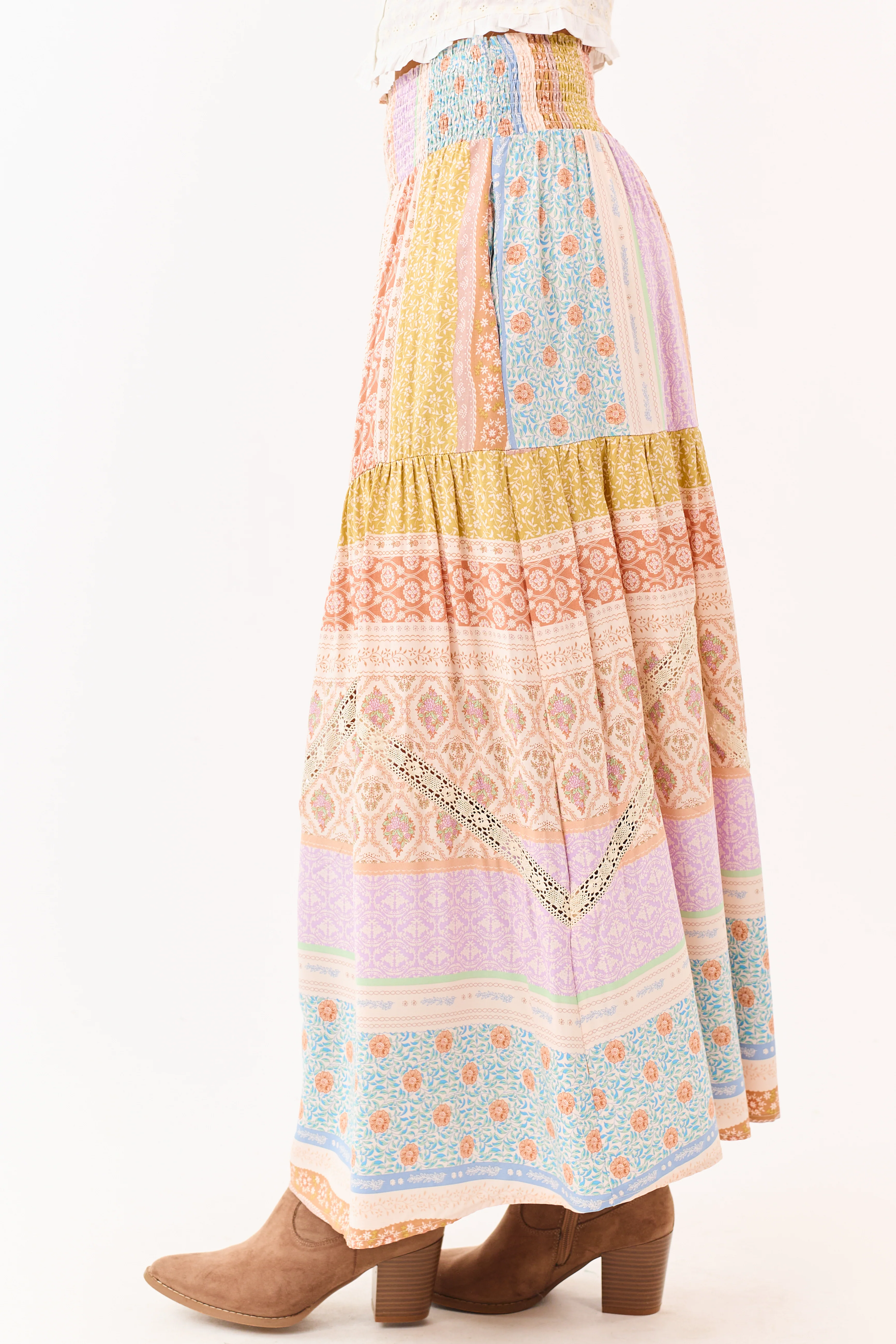 Lavender Floral Patchwork Smocked Waist Maxi Skirt - Image 4
