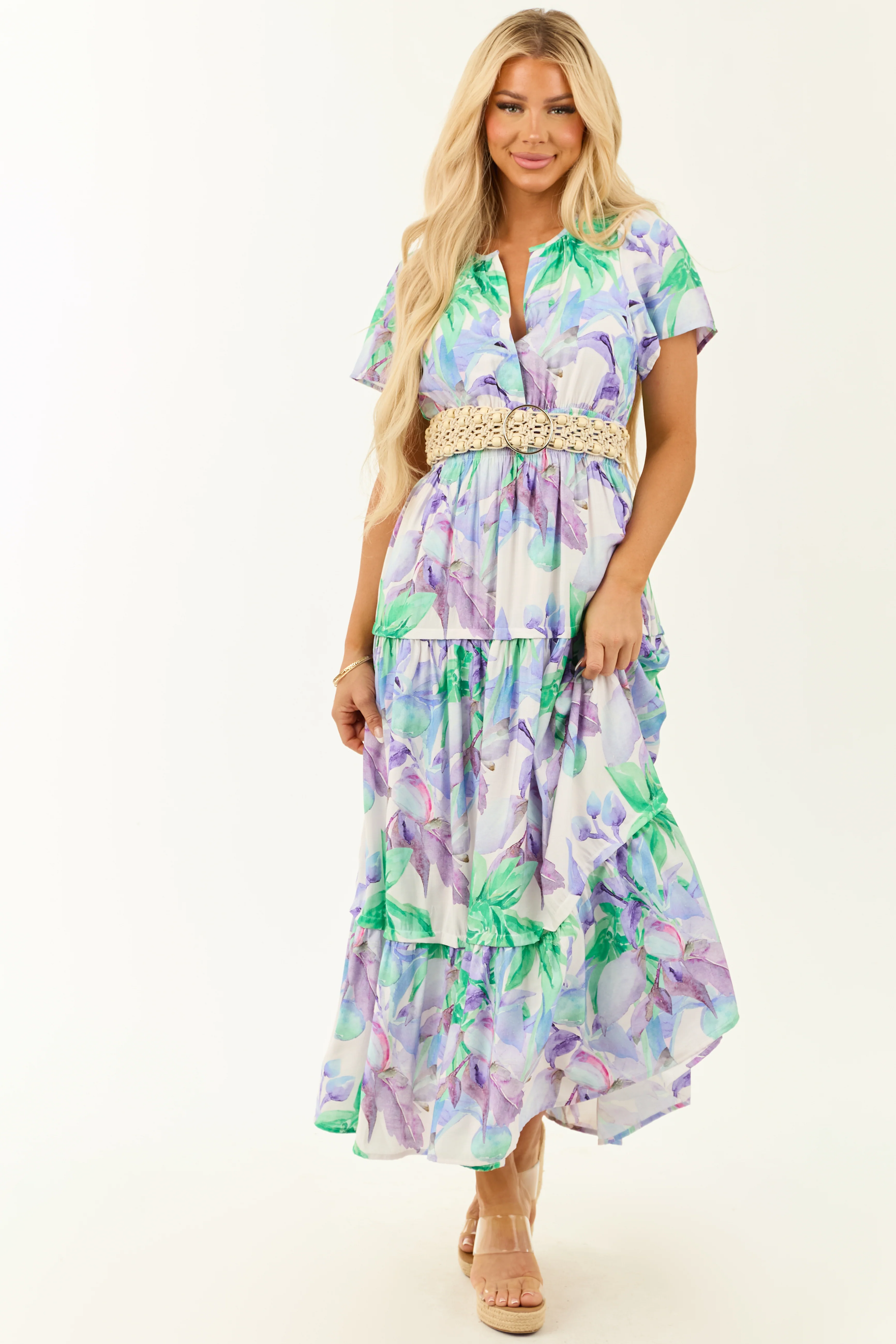 Lavender Floral Print Short Sleeve Maxi Dress - Image 3