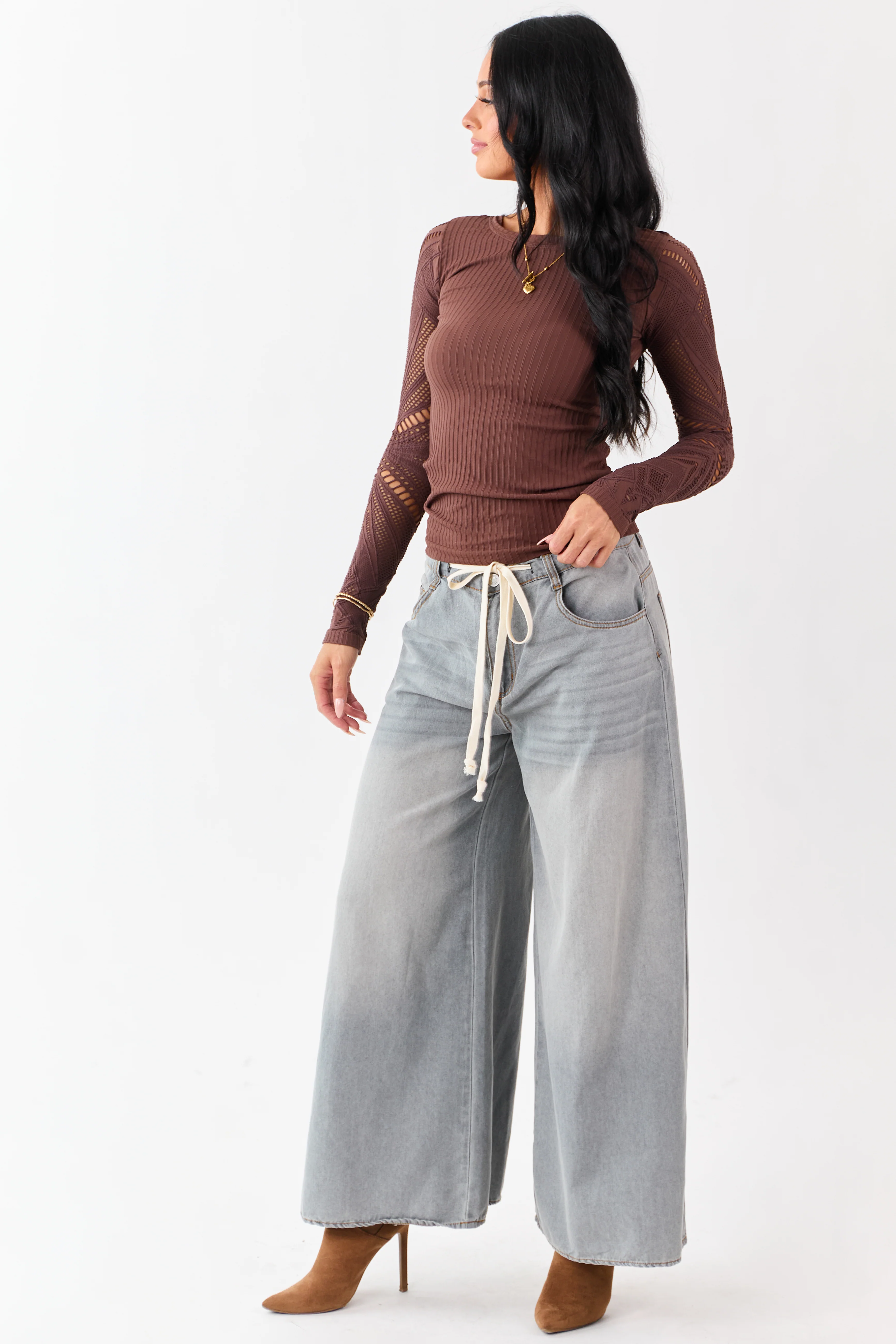 Light Cocoa Eyelet Sleeve Round Neck Knit Top - Image 3