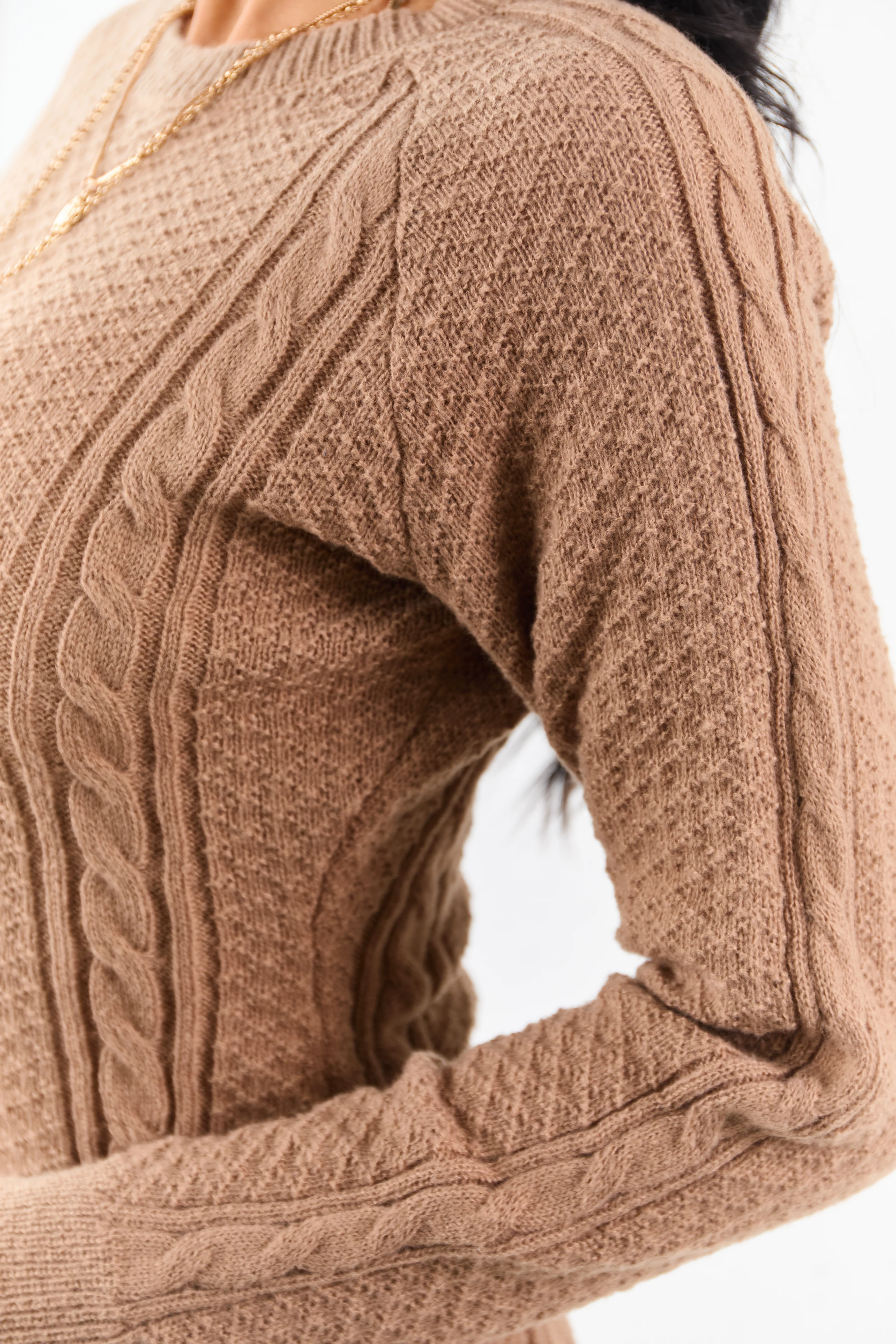 Light Coffee Cable Knit Long Sleeve Sweater Mini Dress - Image 7