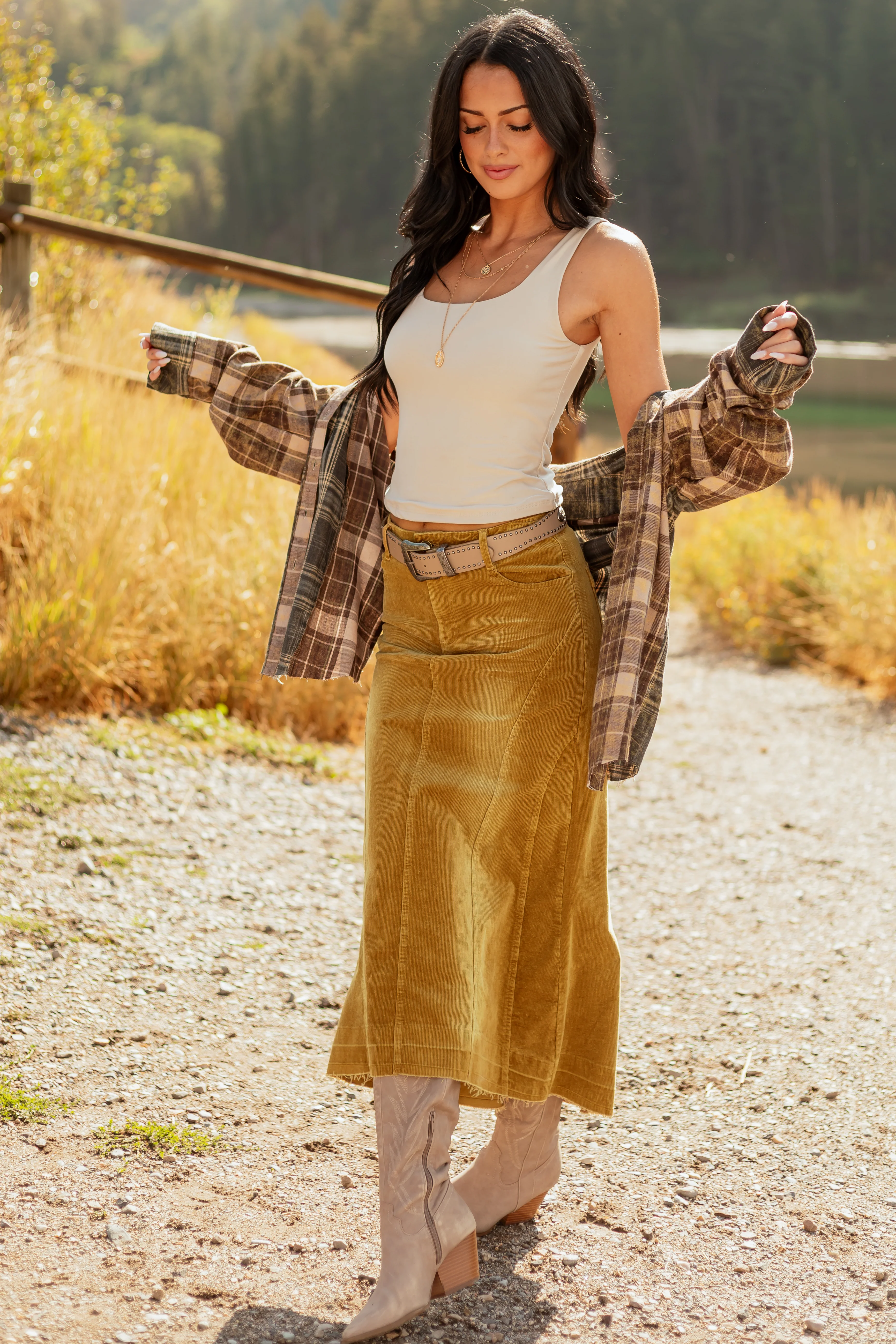 Light Copper Washed Corduroy High Low Midi Skirt - Image 3