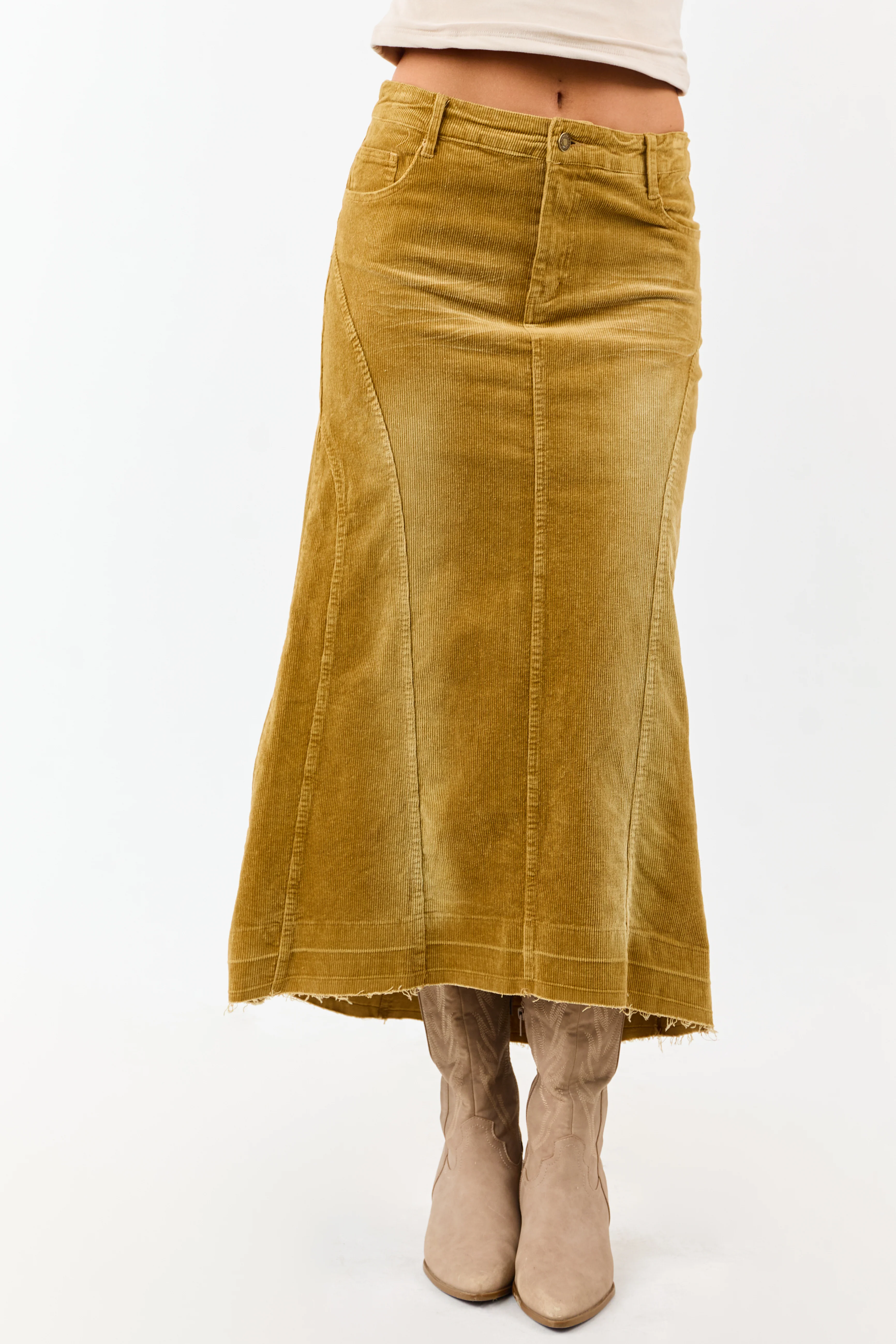 Light Copper Washed Corduroy High Low Midi Skirt - Image 4