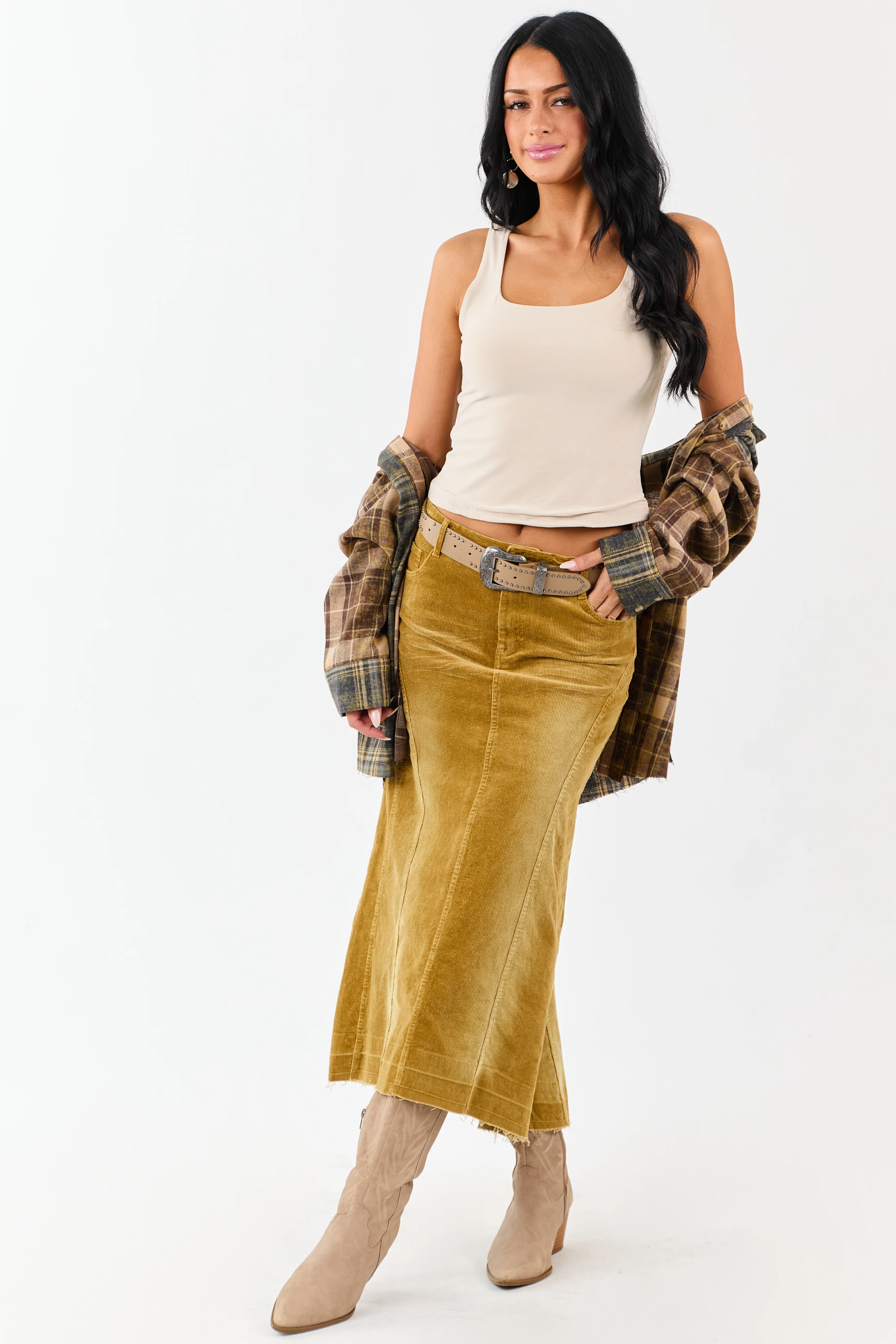 Light Copper Washed Corduroy High Low Midi Skirt - Image 7