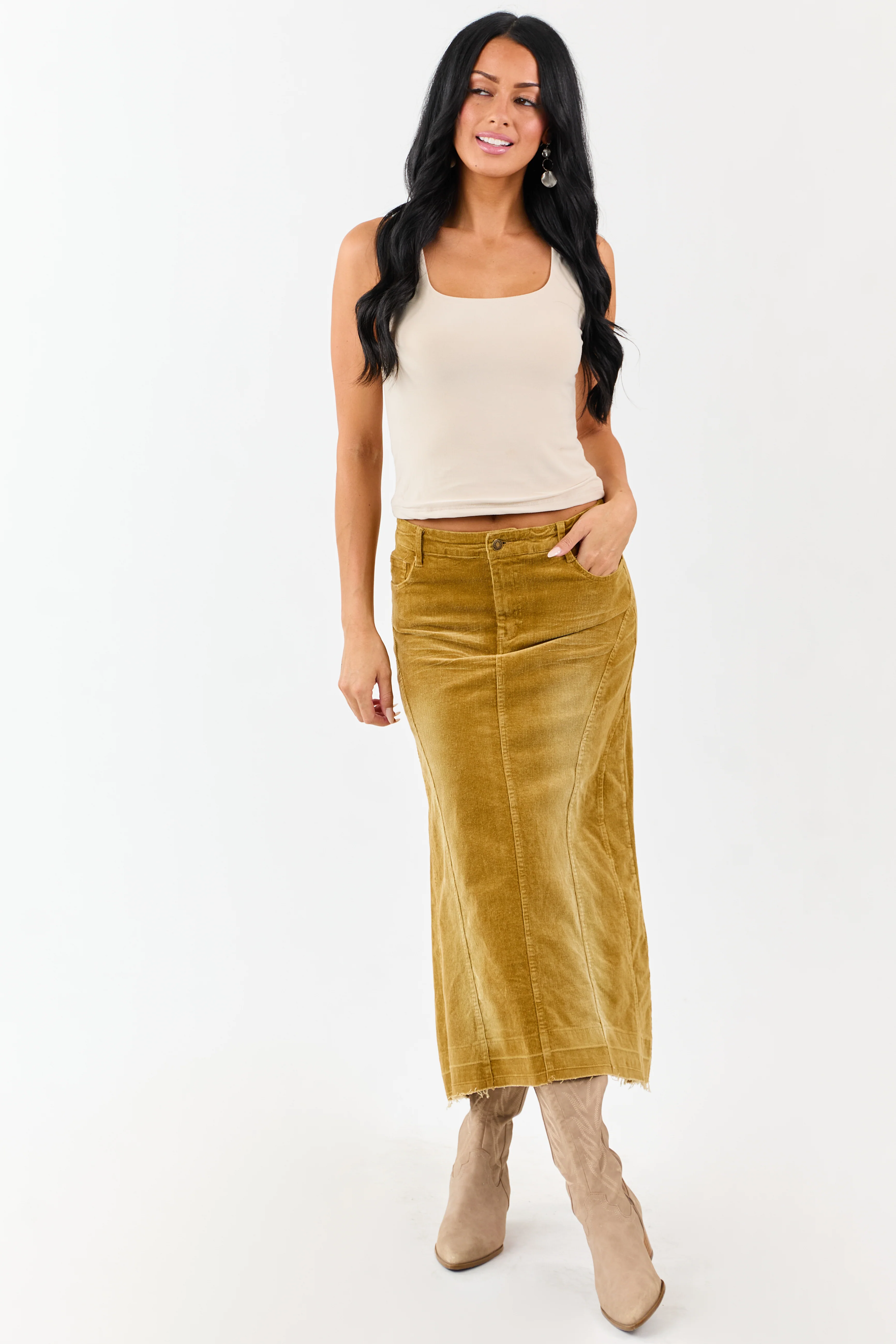 Light Copper Washed Corduroy High Low Midi Skirt - Image 8