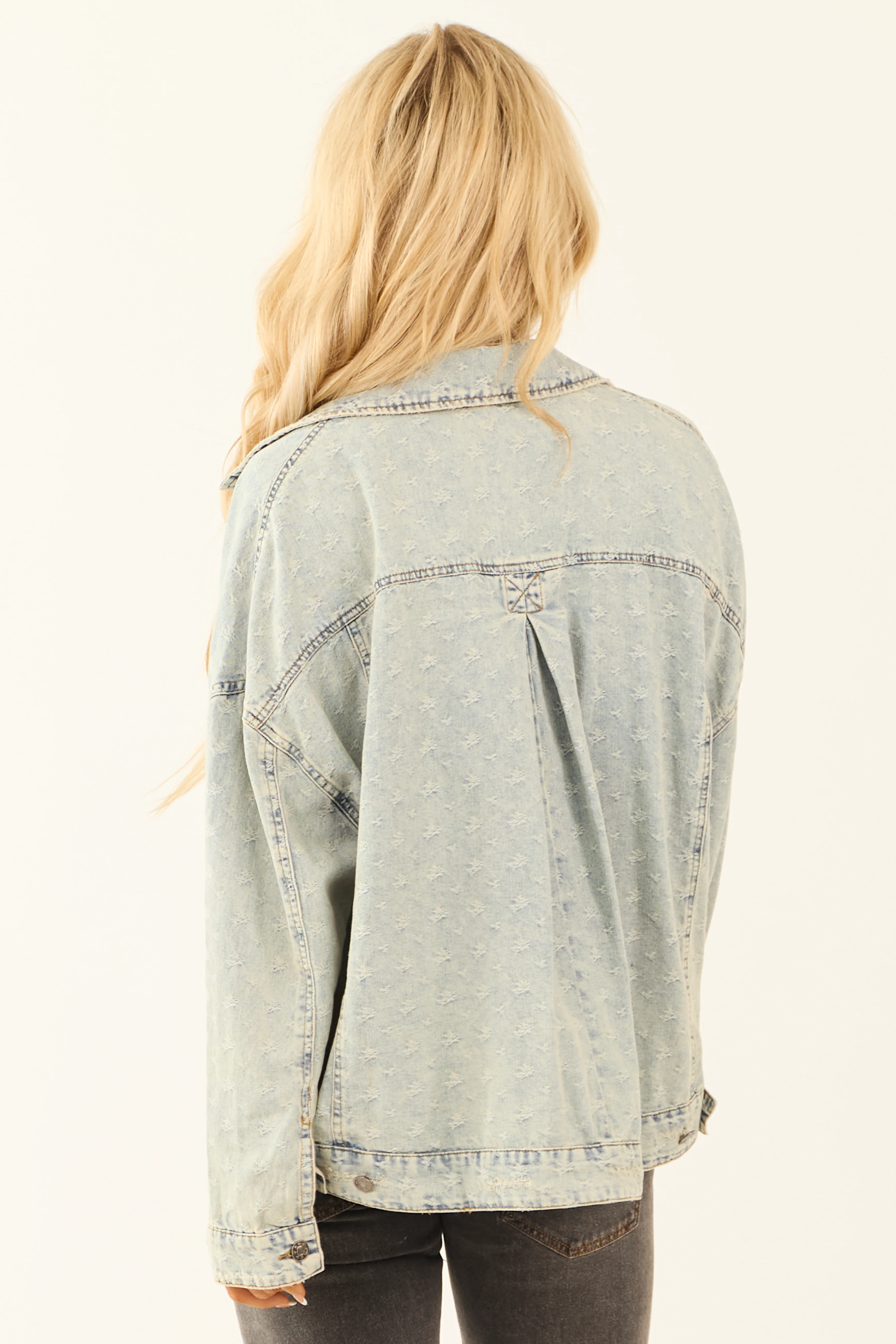 Light Denim Distressed Long Sleeve Button Up Jacket - Image 6