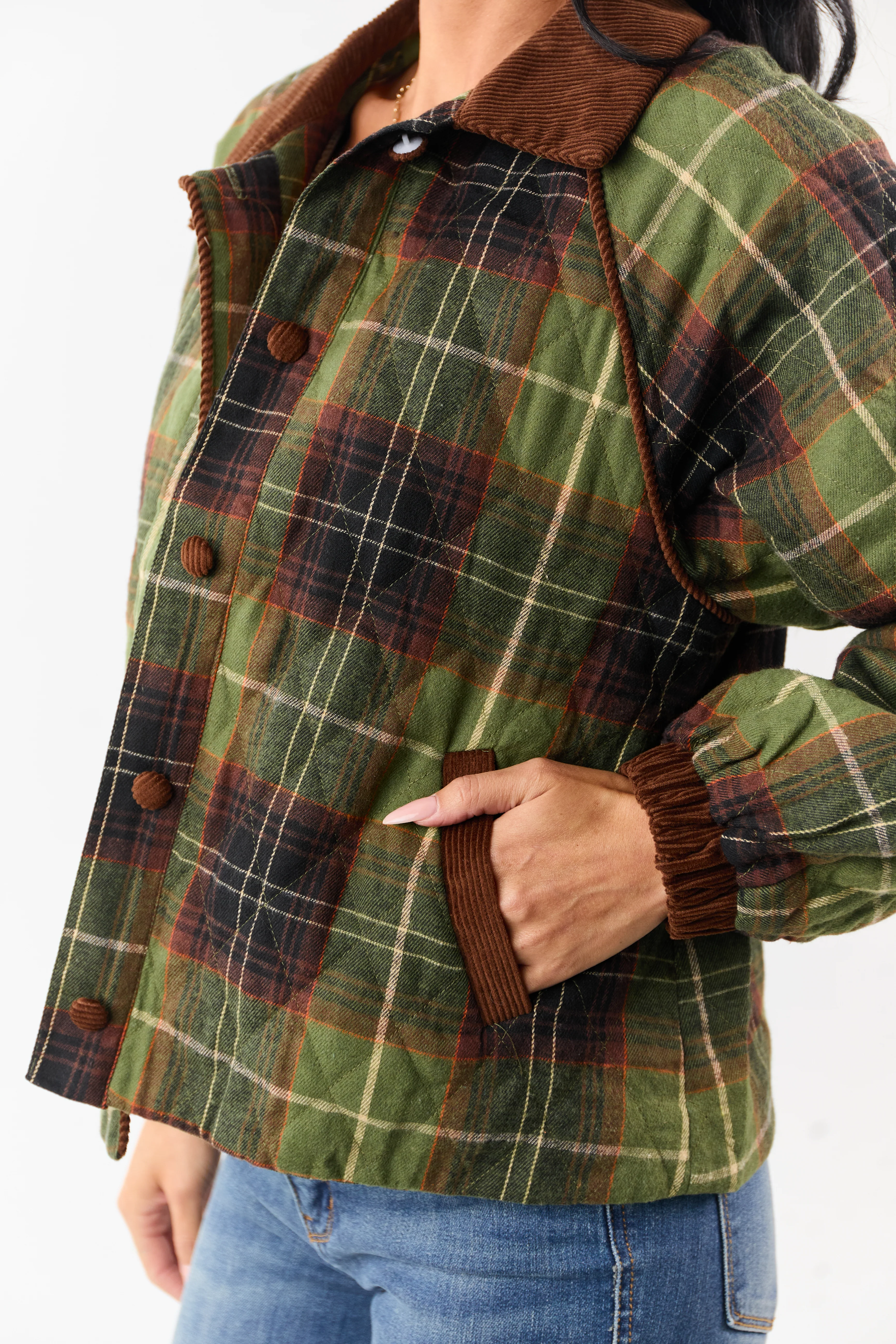 Olive Cotton Quilted Plaid Contrast Corduroy Jacket - Image 2