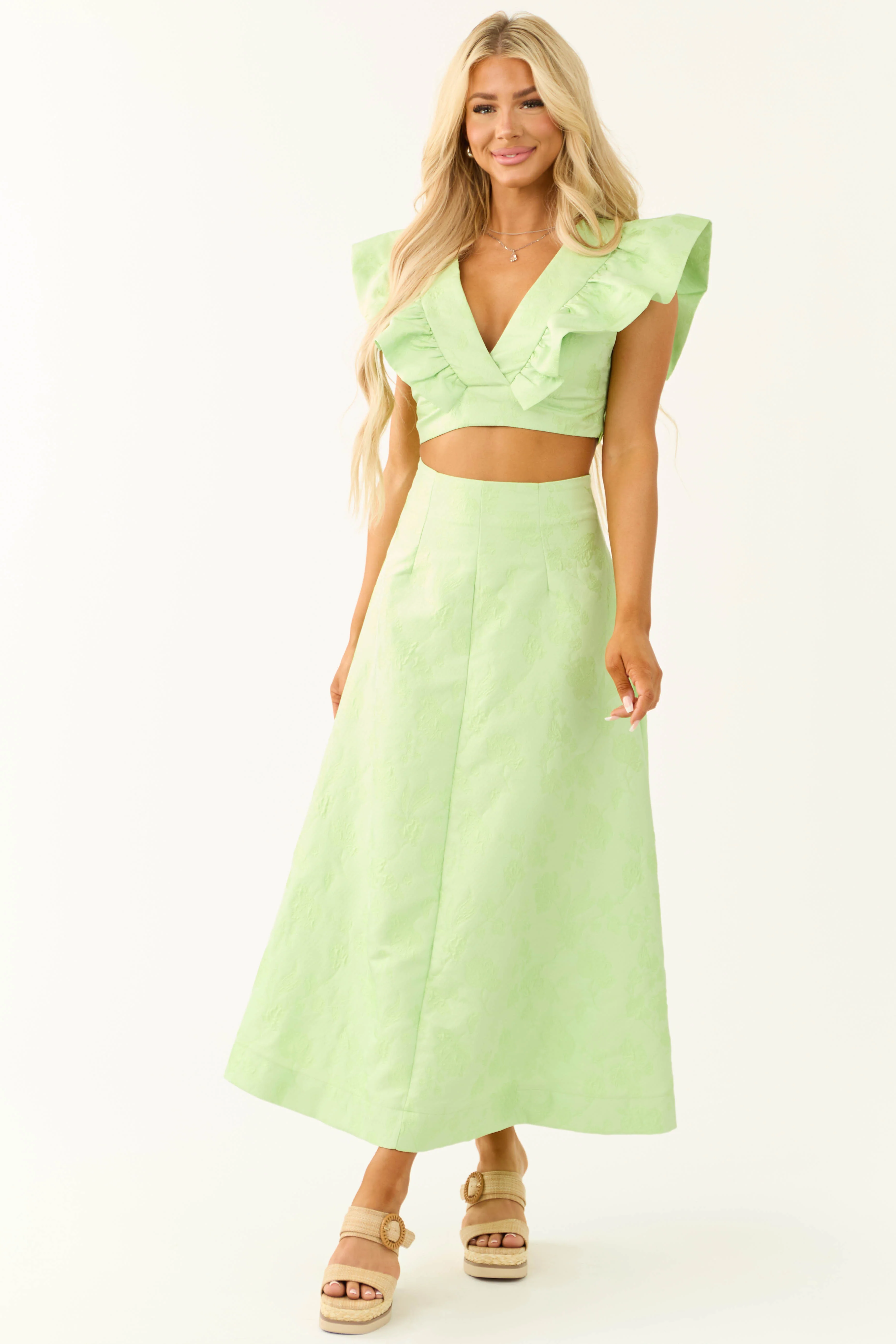 Light Lime Floral Jacquard Ruffle Crop Top - Image 6