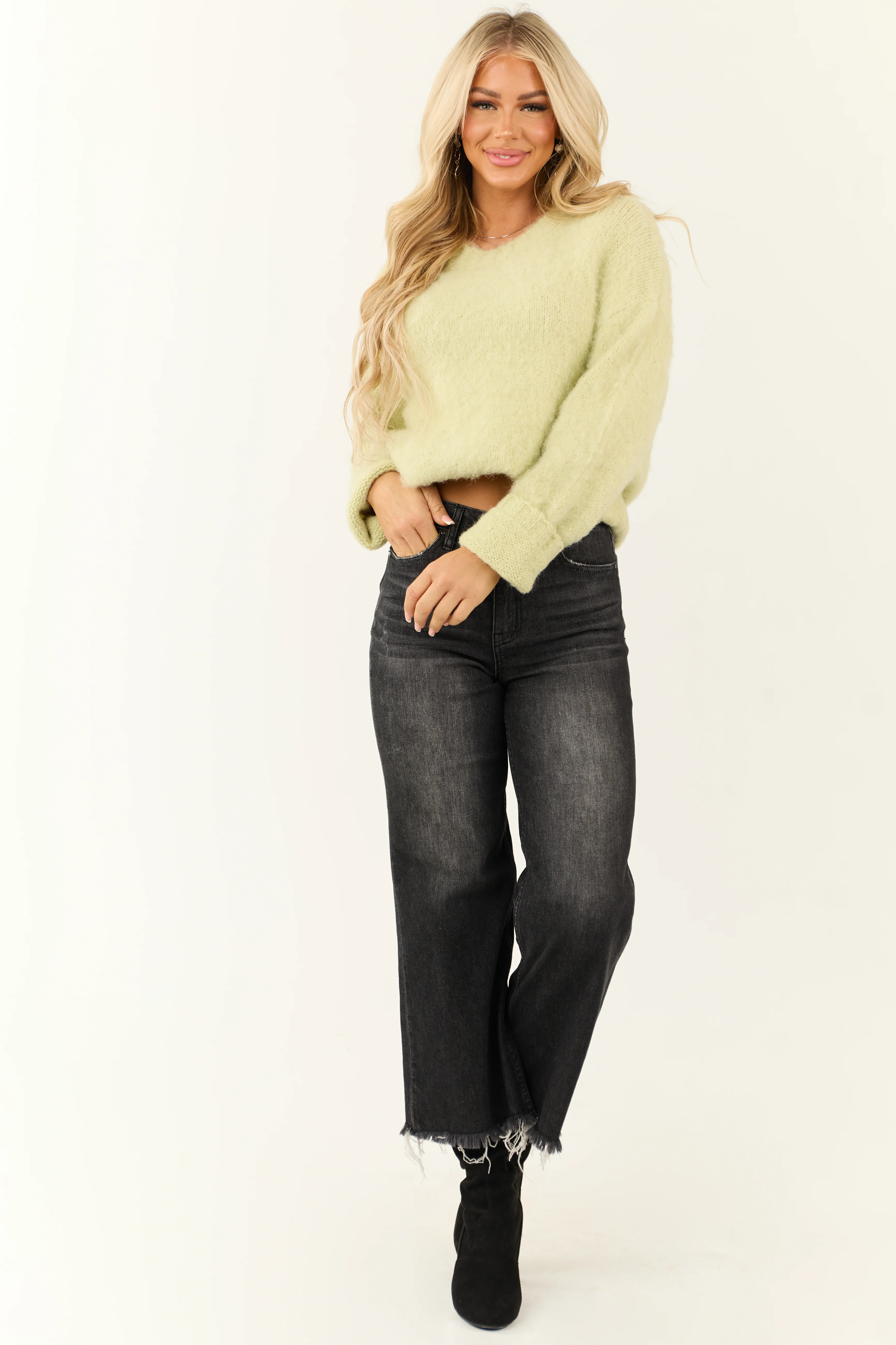 Light Lime Long Sleeve Fuzzy Knit Sweater - Image 3