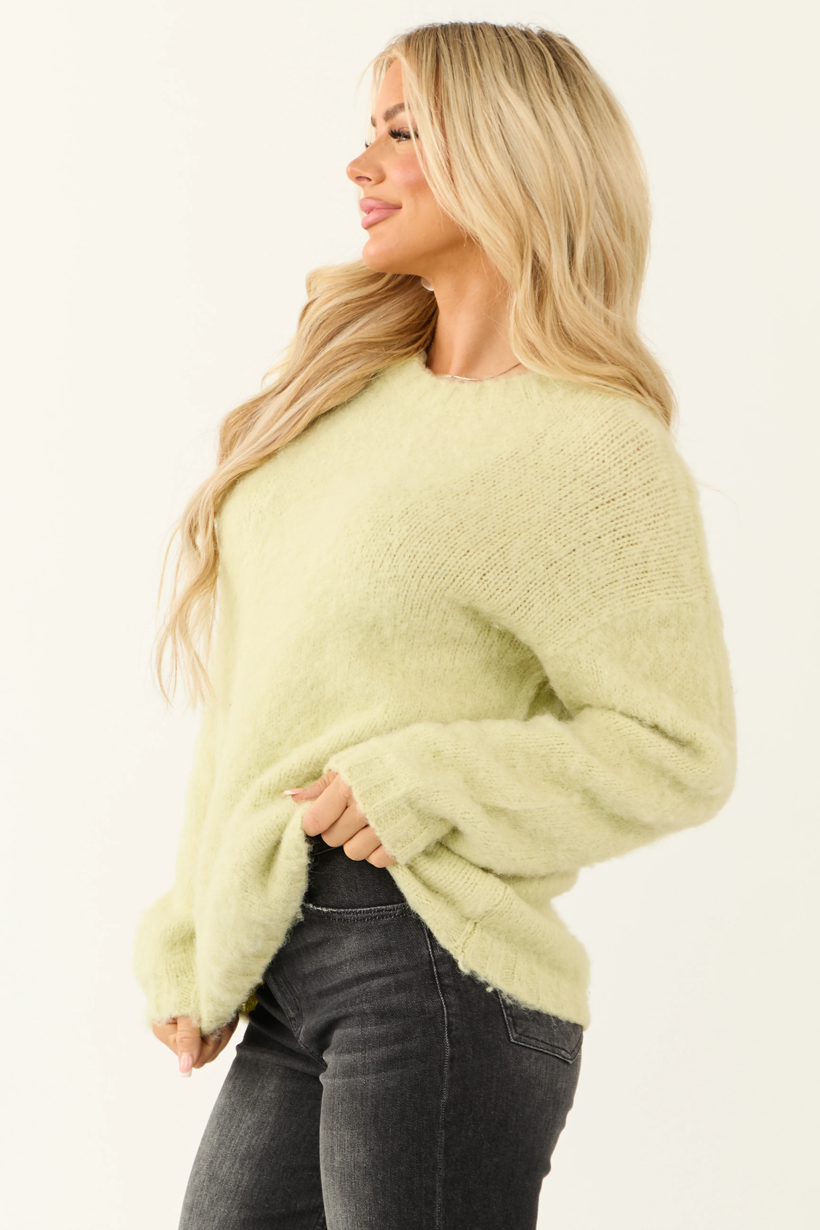 Light Lime Long Sleeve Fuzzy Knit Sweater - Image 5
