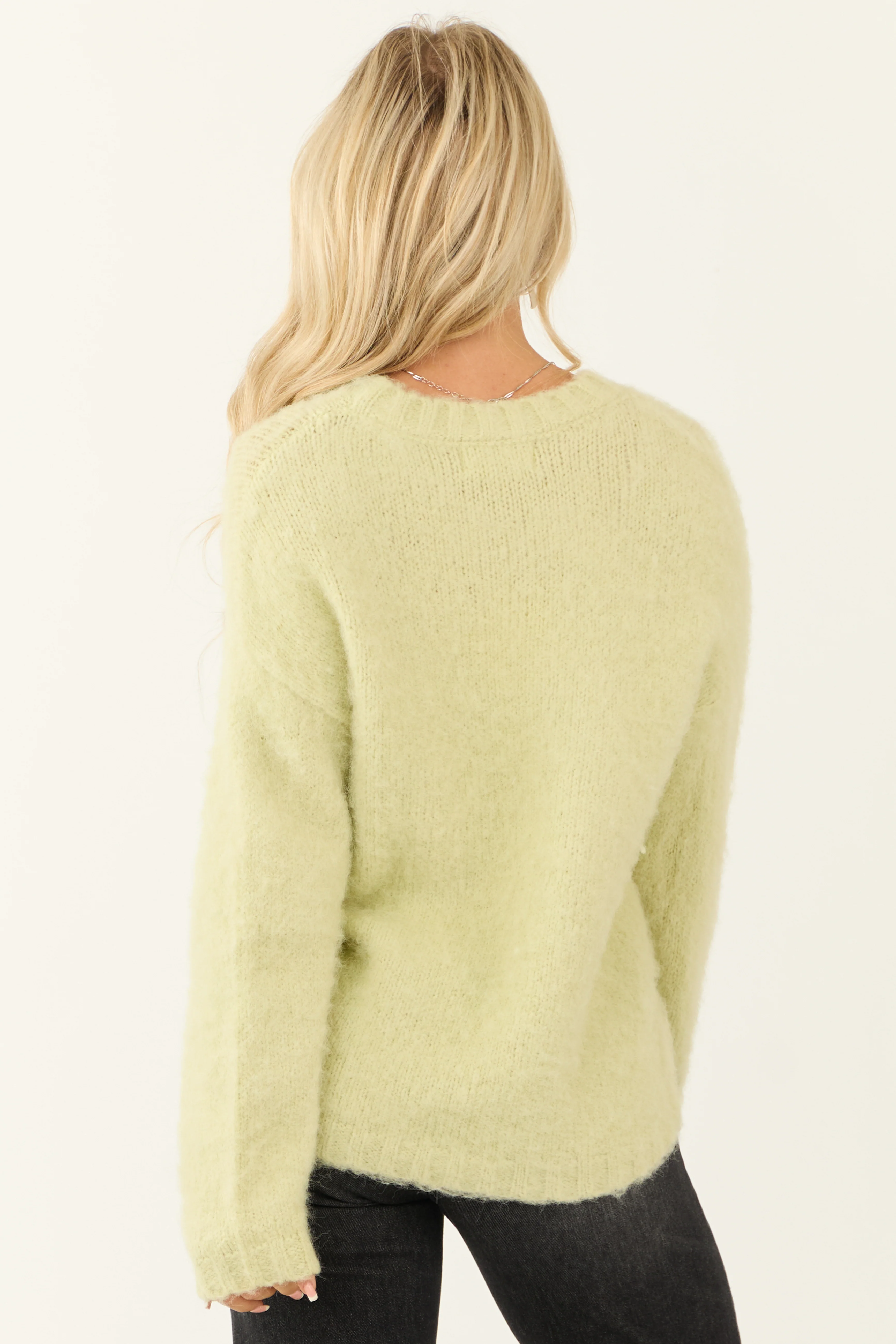 Light Lime Long Sleeve Fuzzy Knit Sweater - Image 6