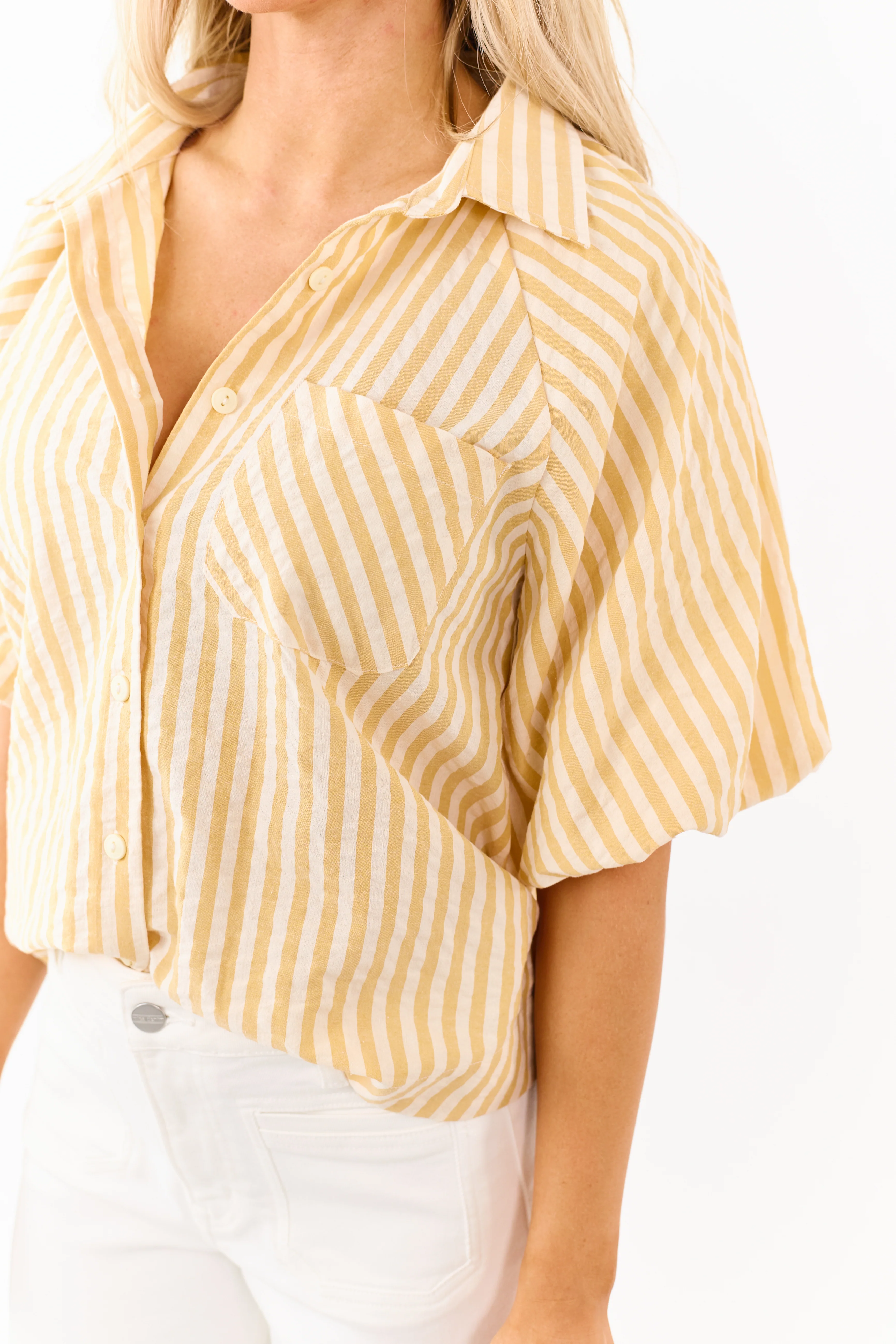 Light Mustard Striped Half Puff Sleeve Button Up Top - Image 6