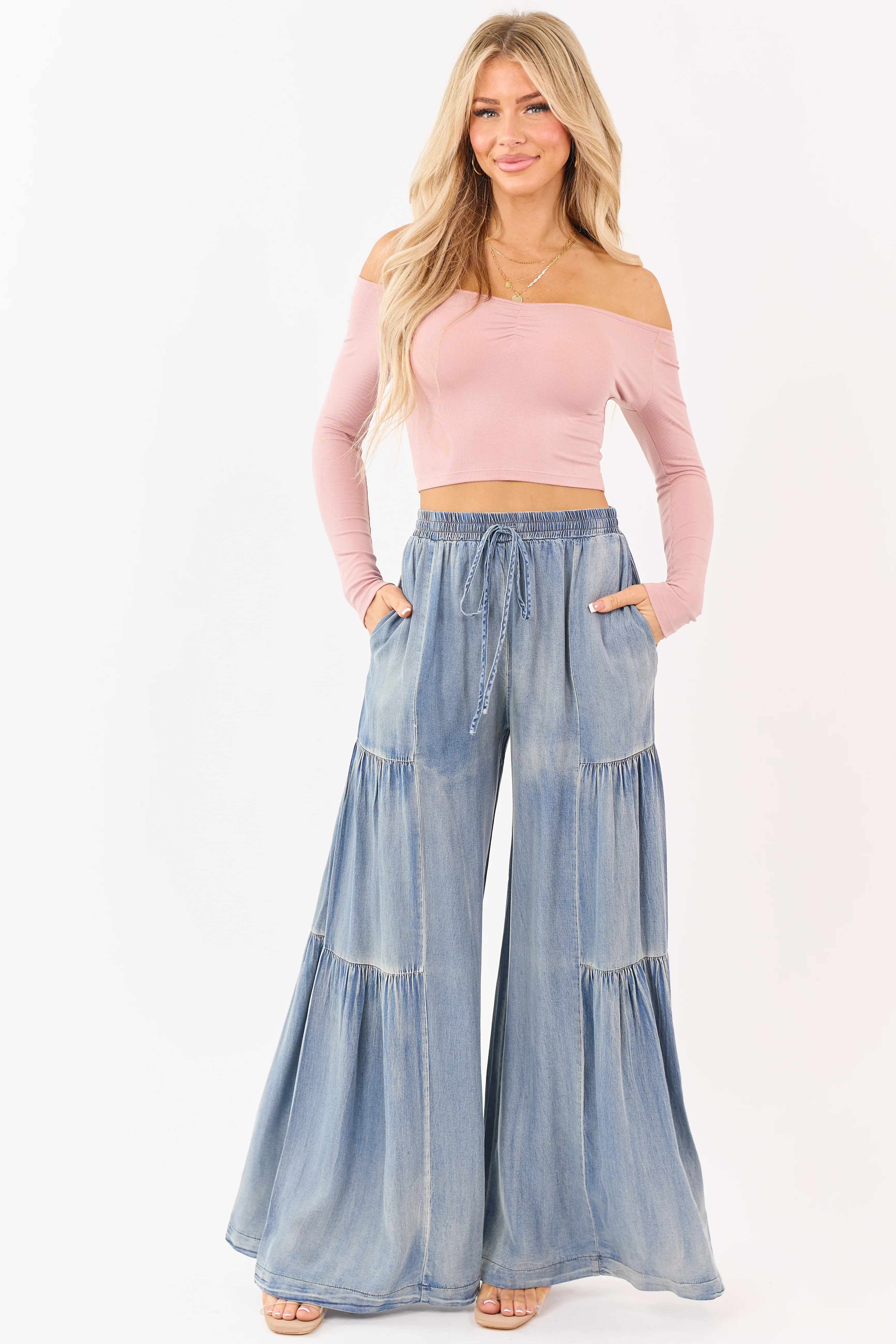 Light Vintage Wash Chambray Tiered Palazzo Leg Pants - Image 6