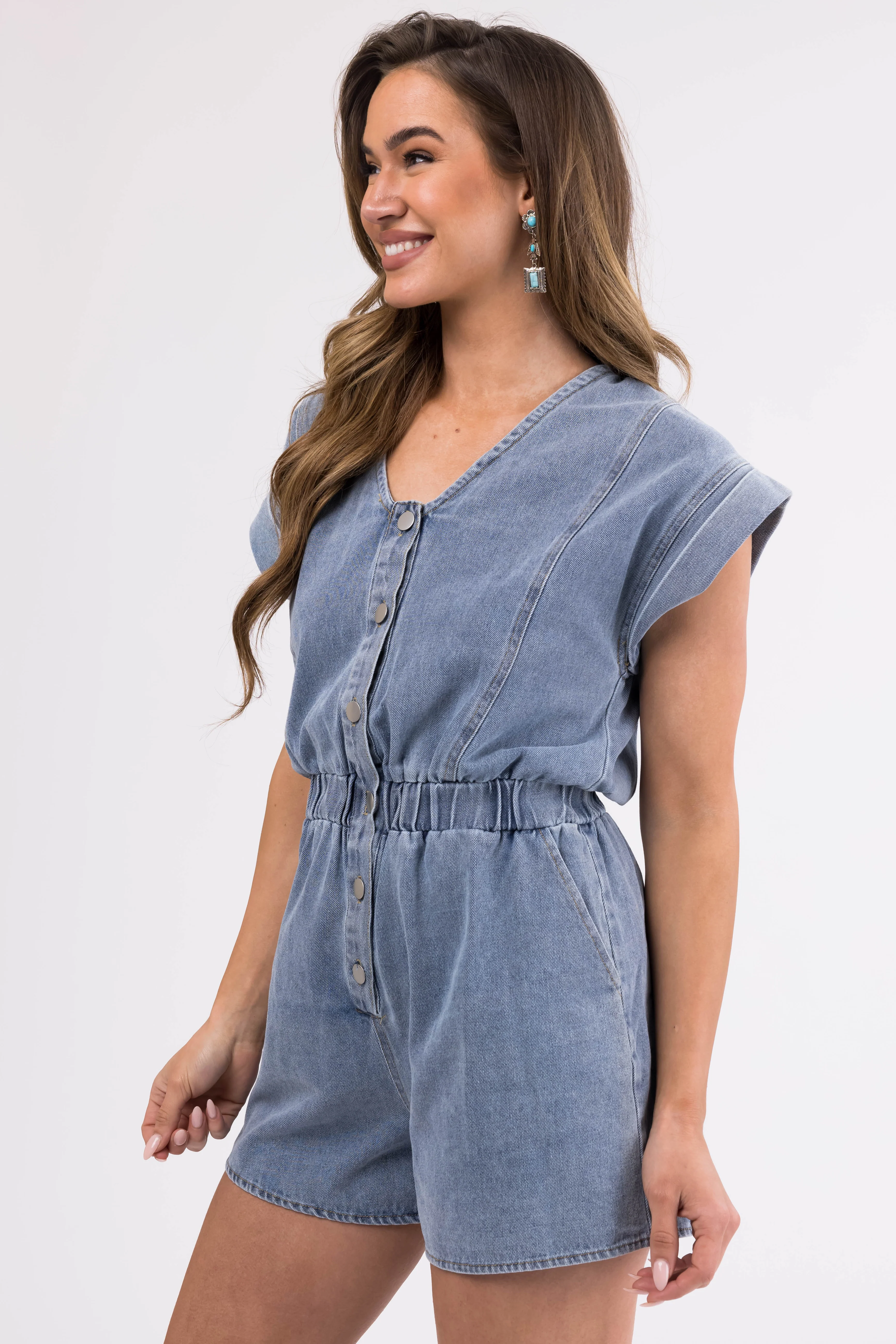 Light Wash Denim Button Down Romper - Image 5