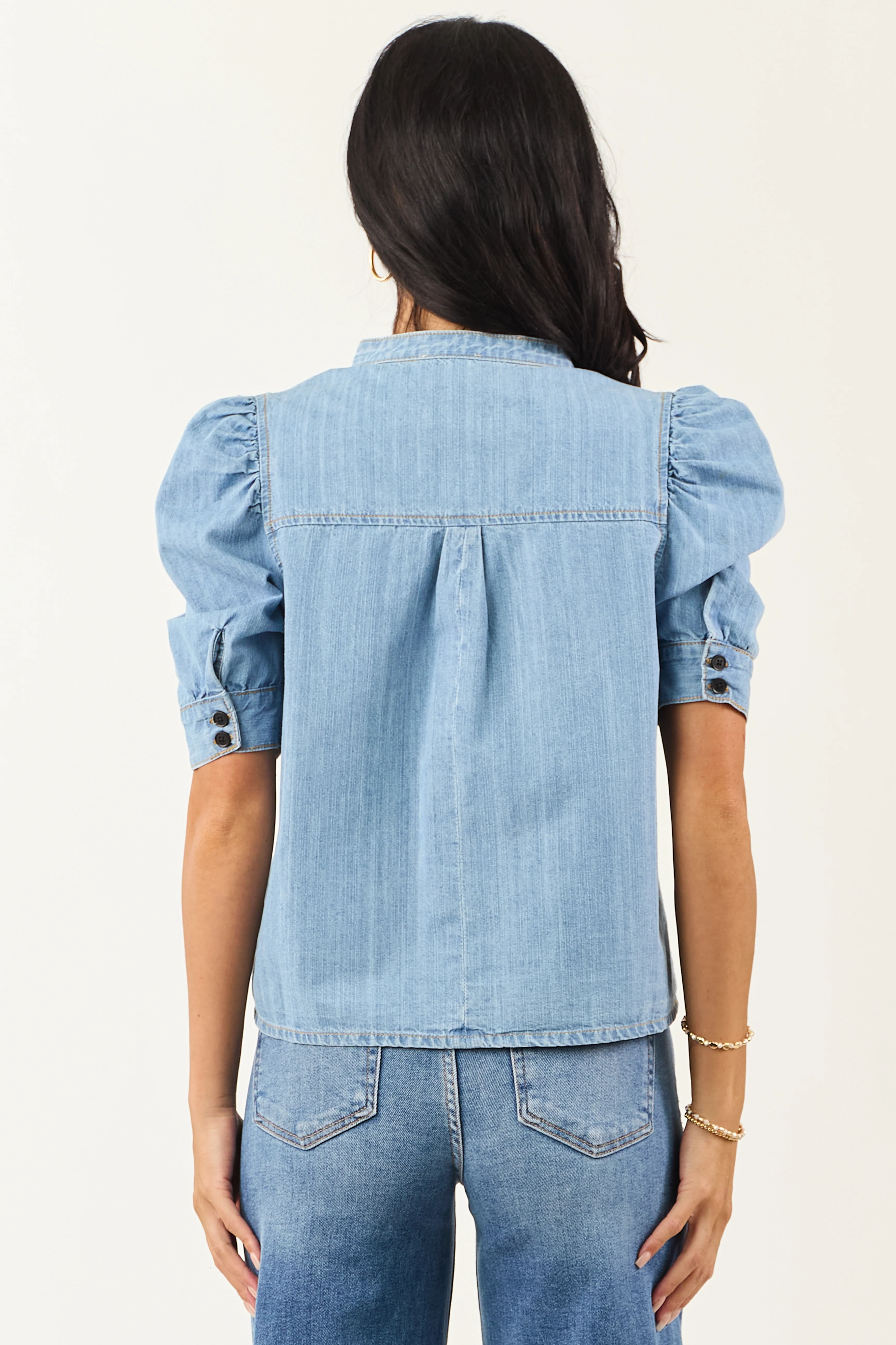 Light Wash Denim Button Down Ruched Sleeve Top - Image 6