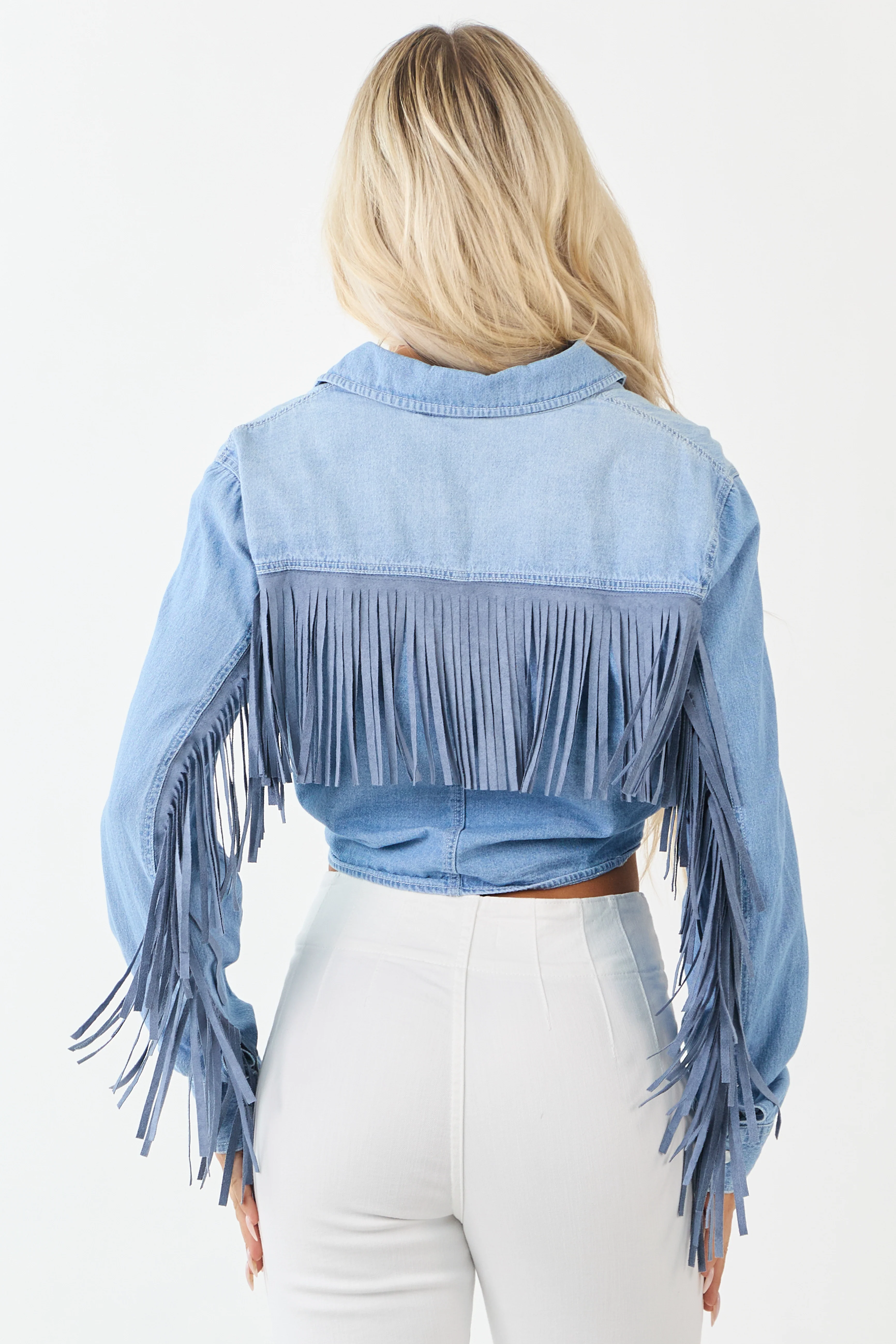 Light Wash Denim Button Up Tie Front Fringe Top - Image 7
