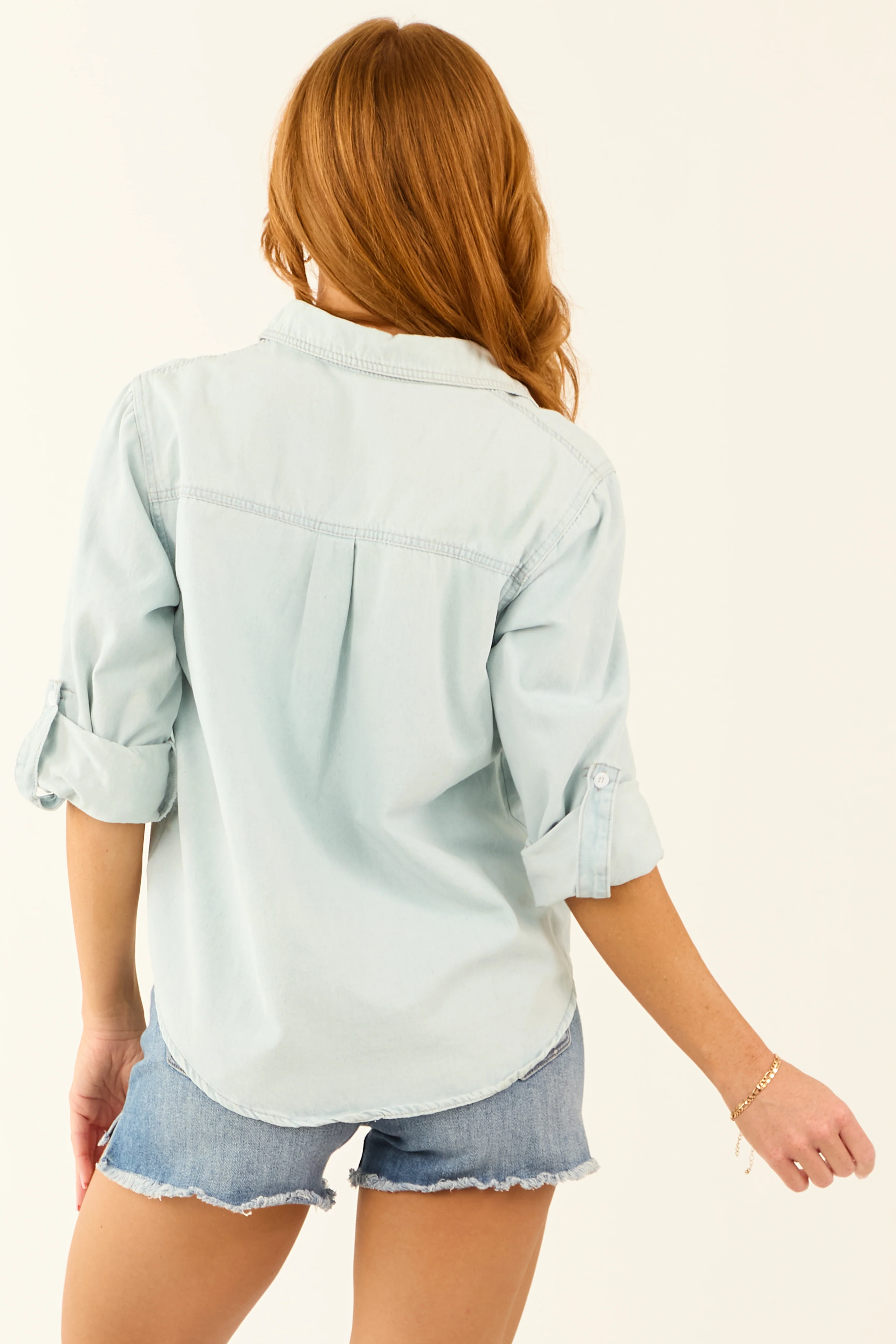 Light Wash Denim Chest Pocket Button Up Shirt - Image 7