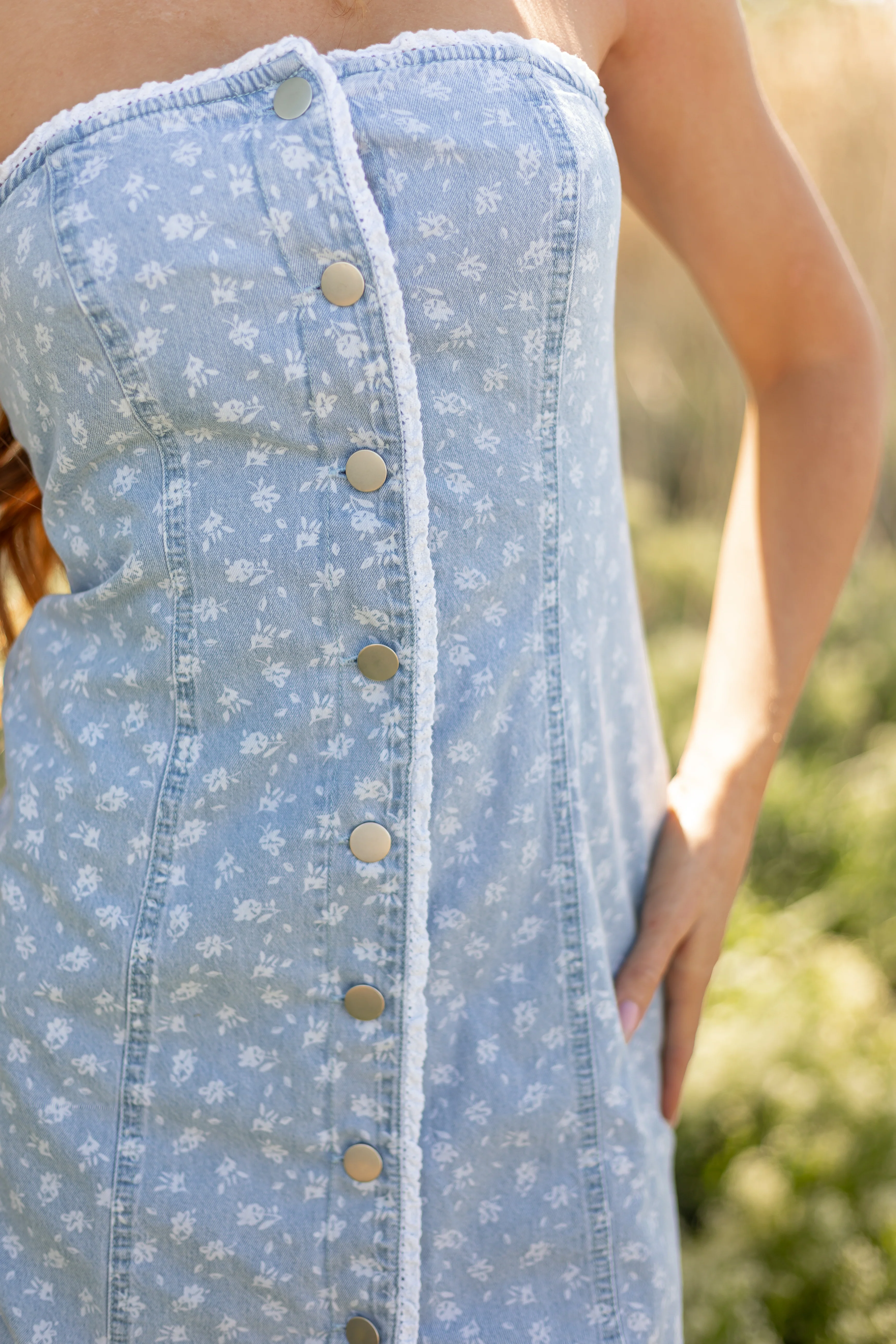 Light Wash Denim Floral Strapless Mini Dress - Image 10