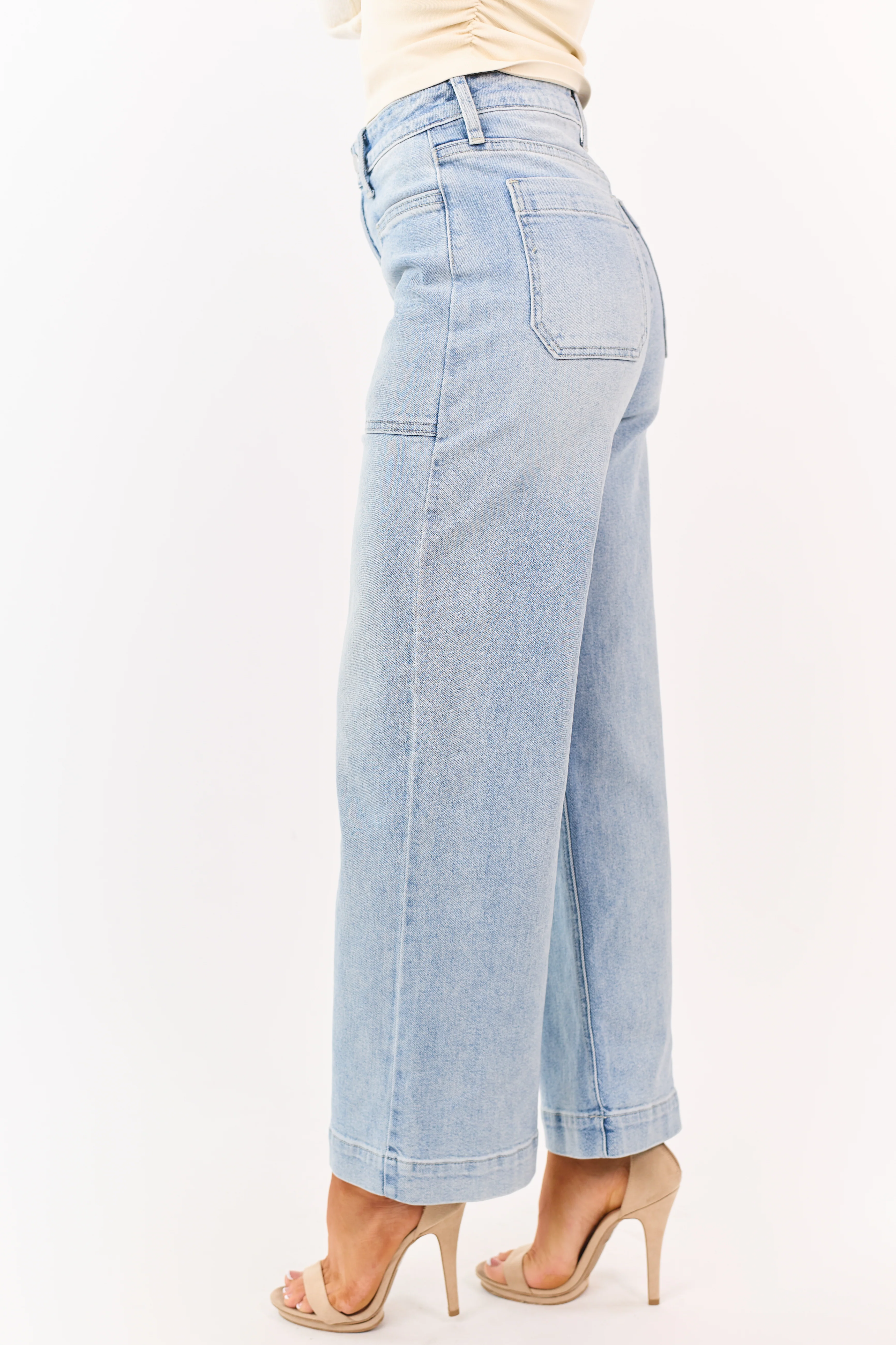 Light Wash Stretchy Wide Leg Utility Jeans - Image 3