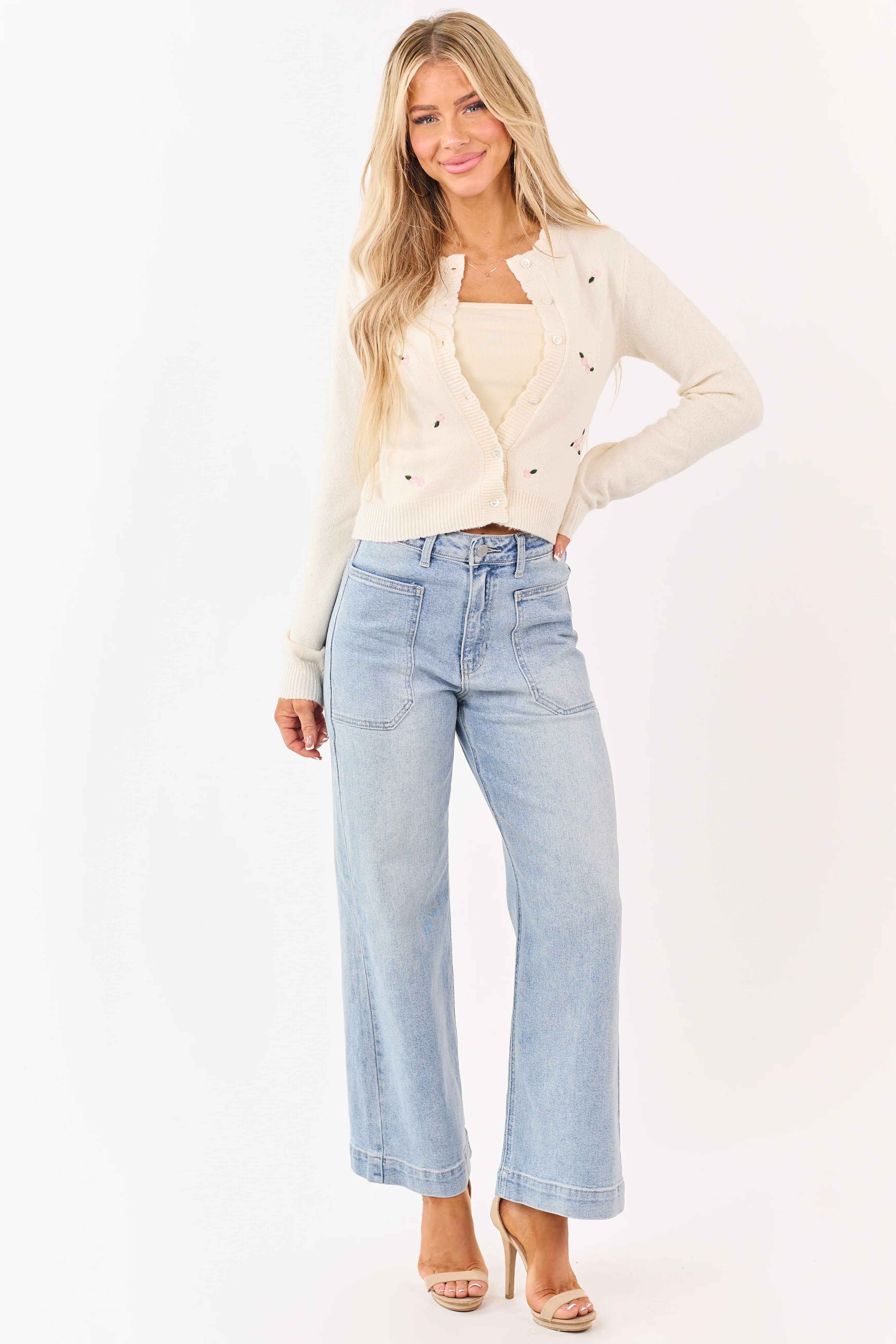 Light Wash Stretchy Wide Leg Utility Jeans - Image 5