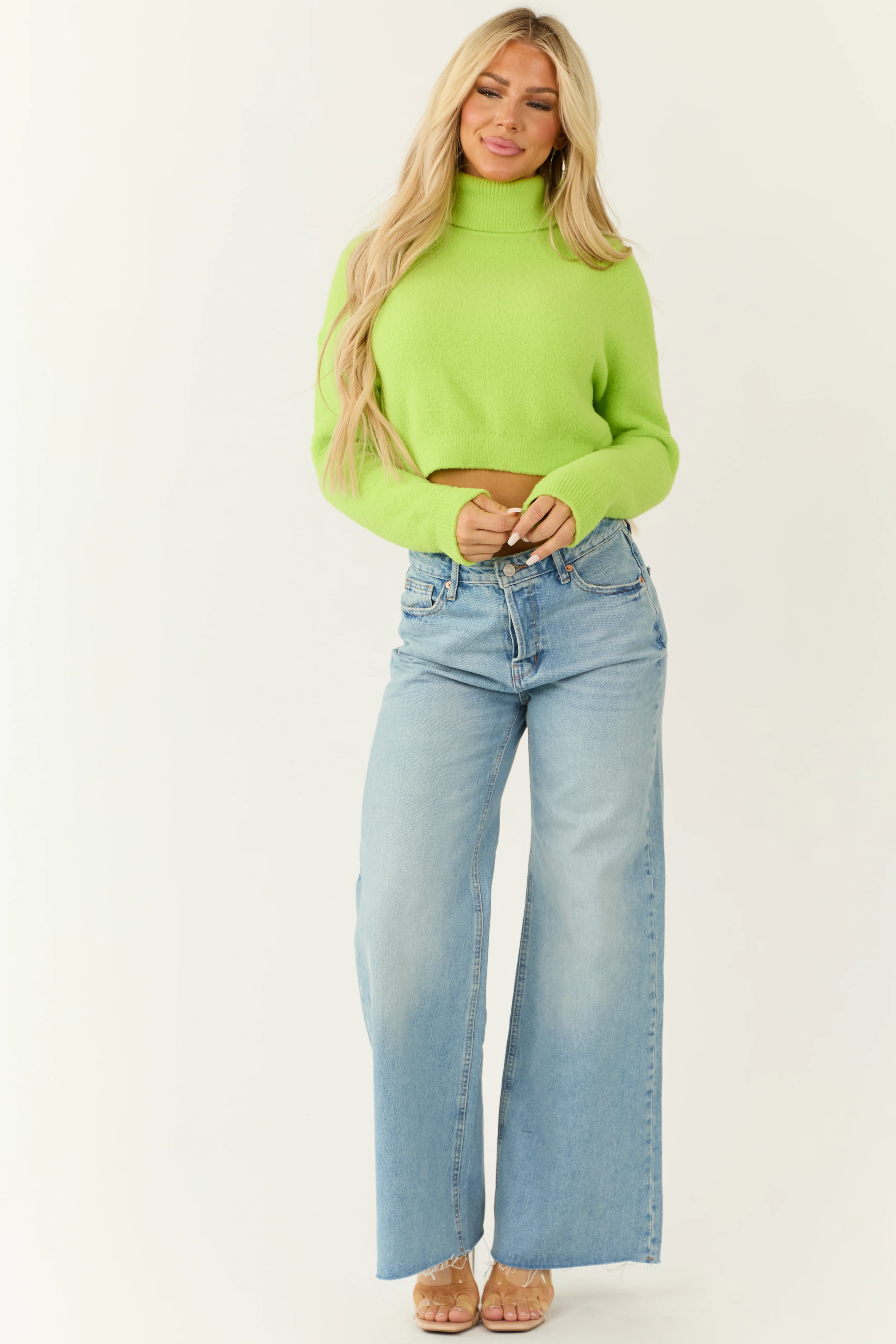 Lime Cropped Turtleneck Fuzzy Sweater - Image 2