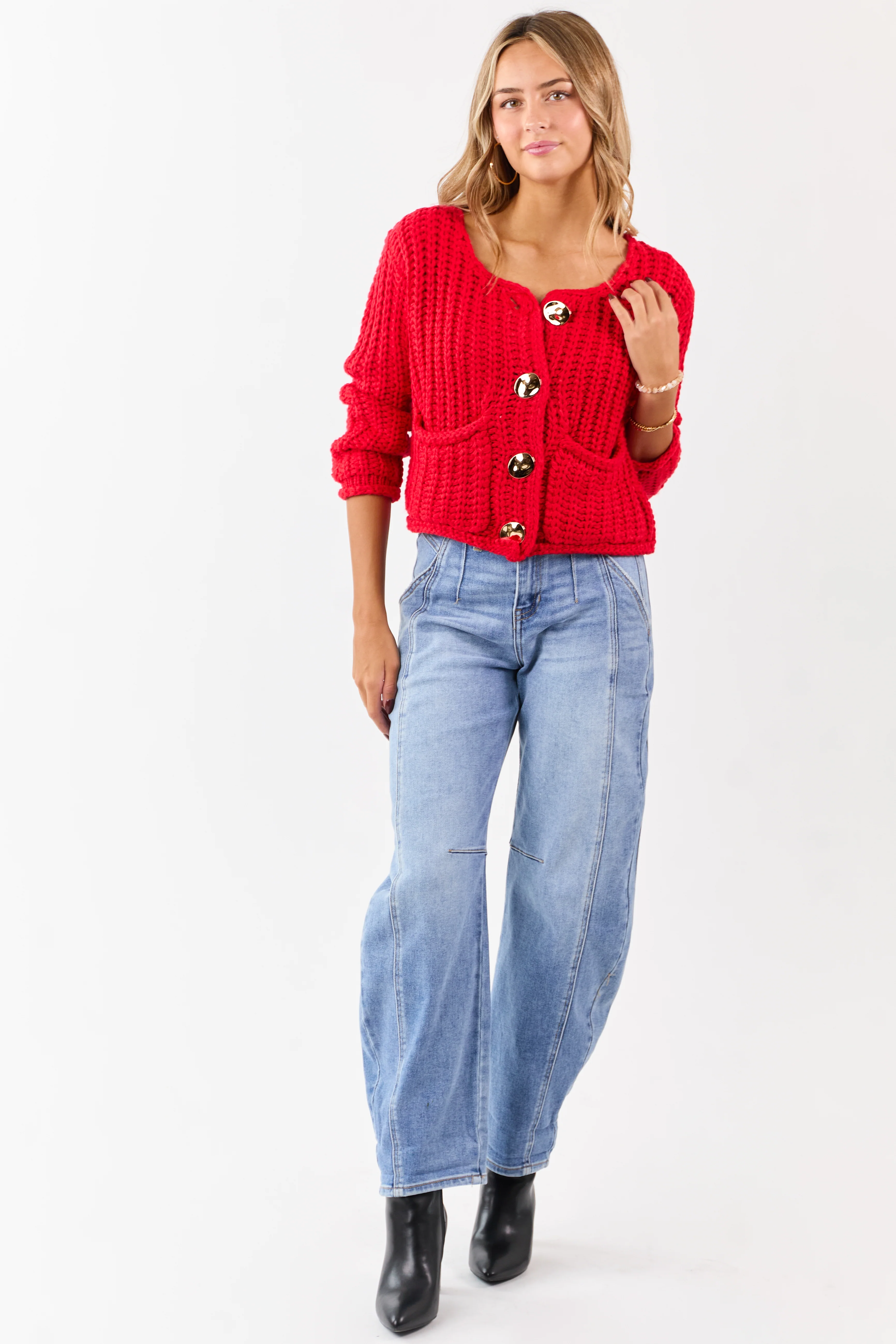 Lipstick Chunky Rib Knit Button Down Cardigan - Image 5