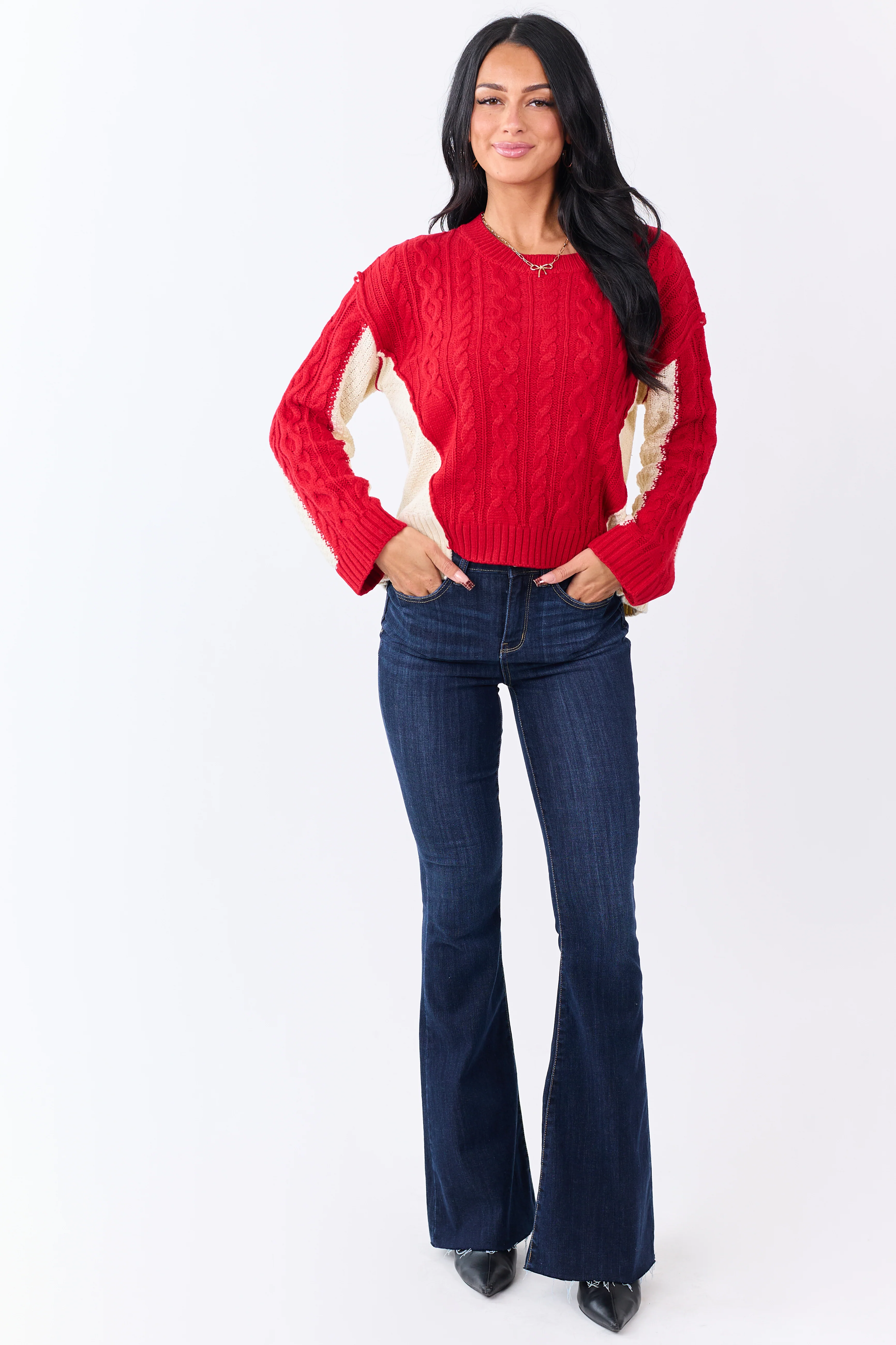 Lipstick Colorblock Cable Knit Crew Neck Sweater - Image 3