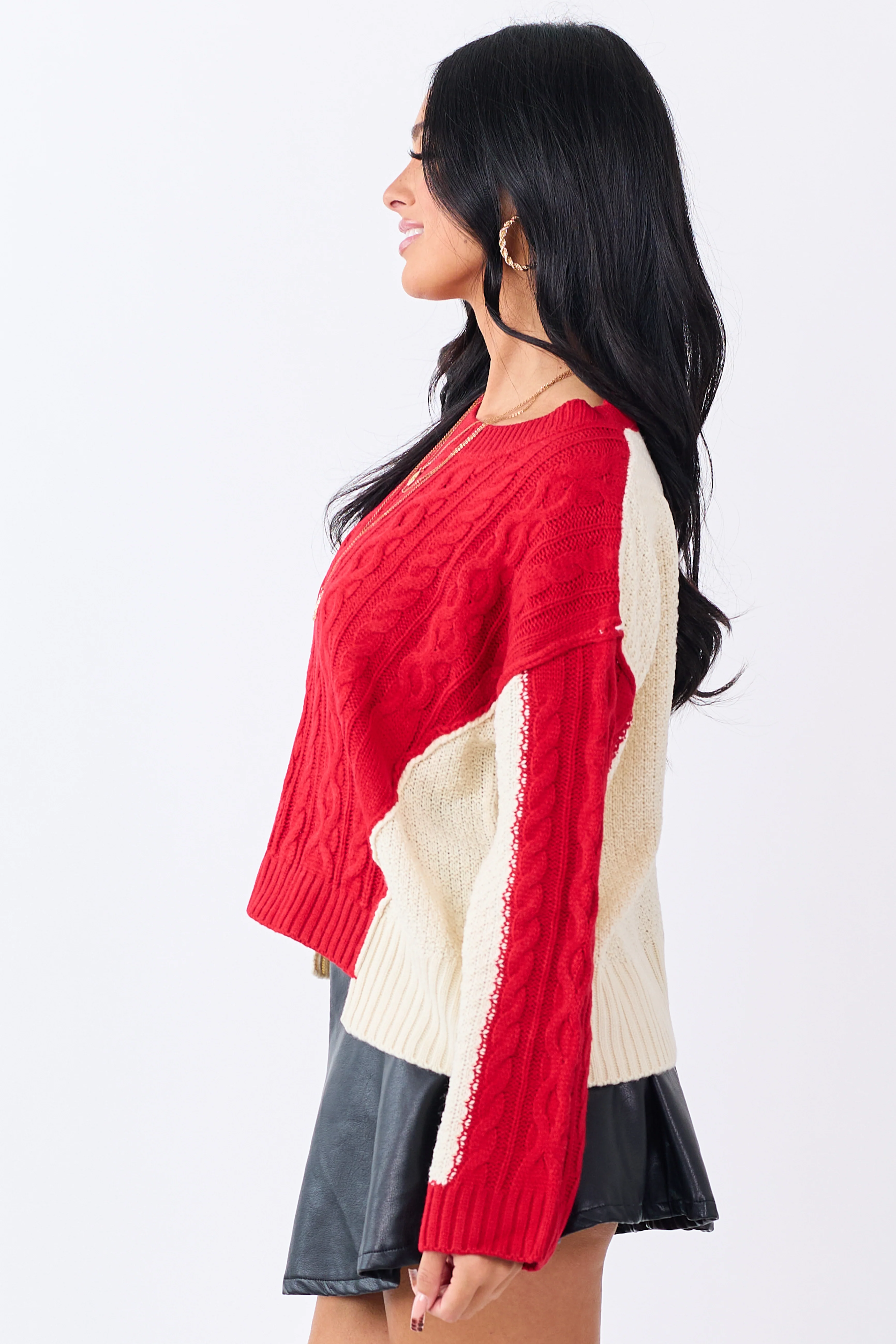 Lipstick Colorblock Cable Knit Crew Neck Sweater - Image 5