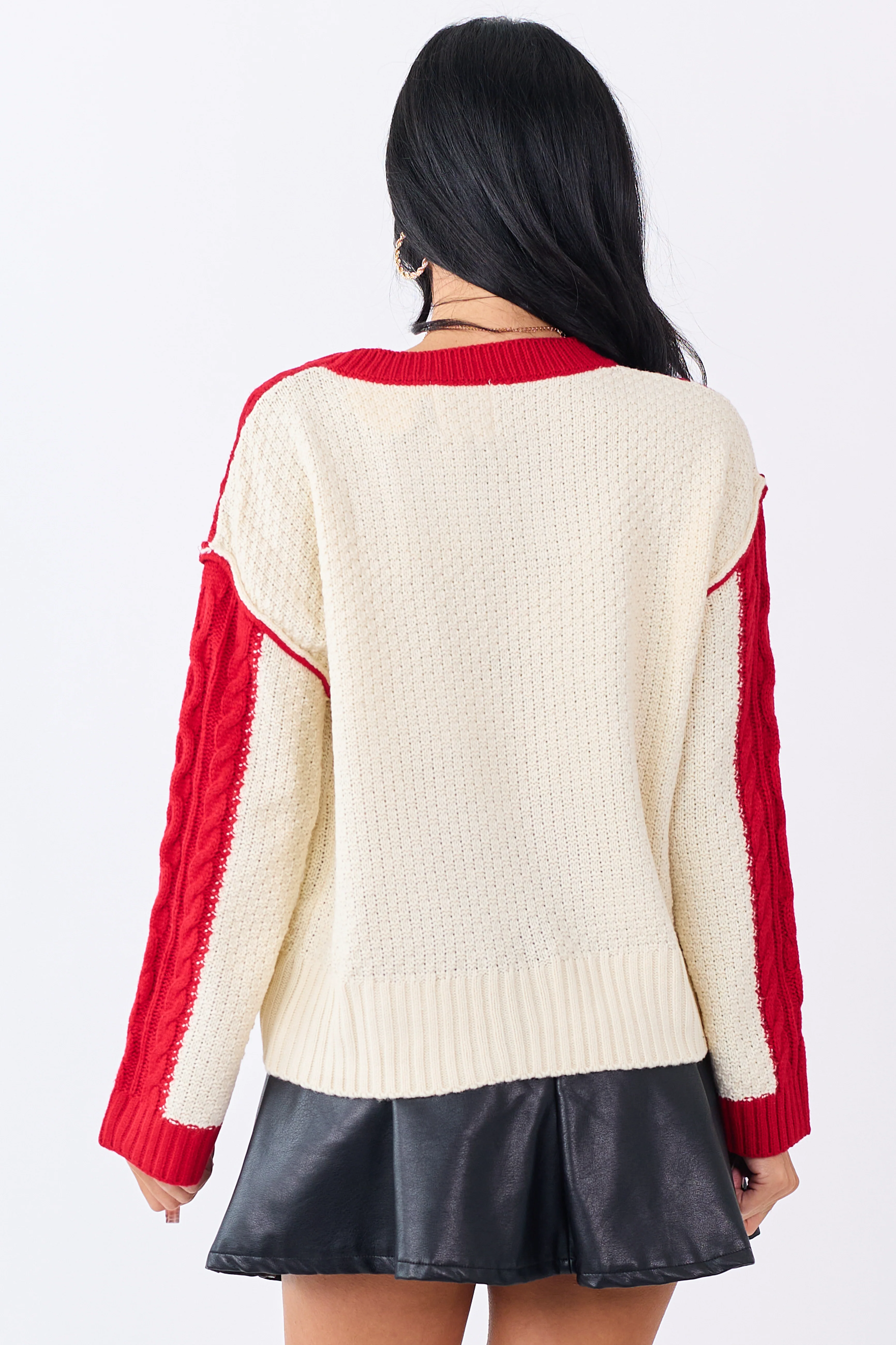 Lipstick Colorblock Cable Knit Crew Neck Sweater - Image 6