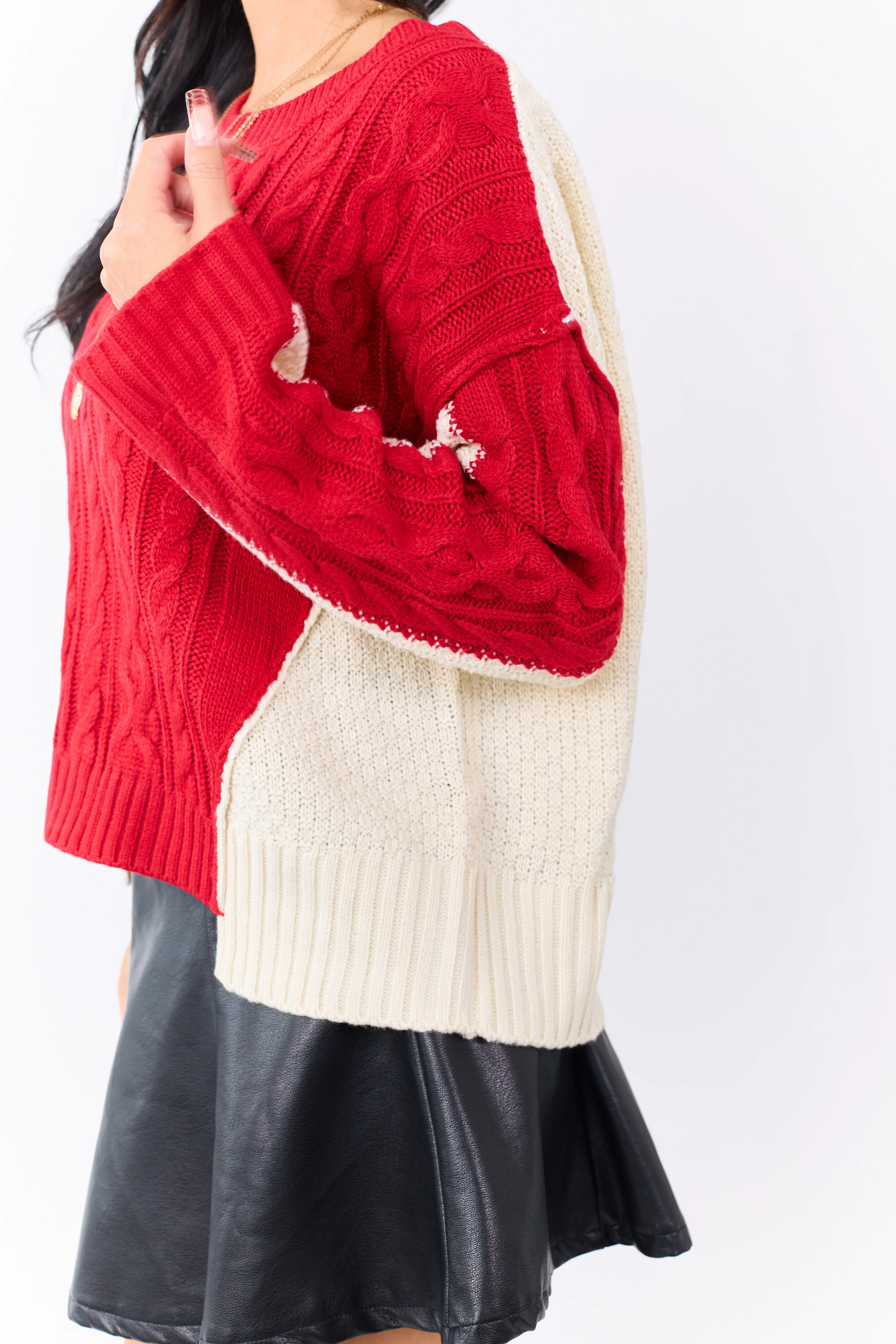 Lipstick Colorblock Cable Knit Crew Neck Sweater - Image 7