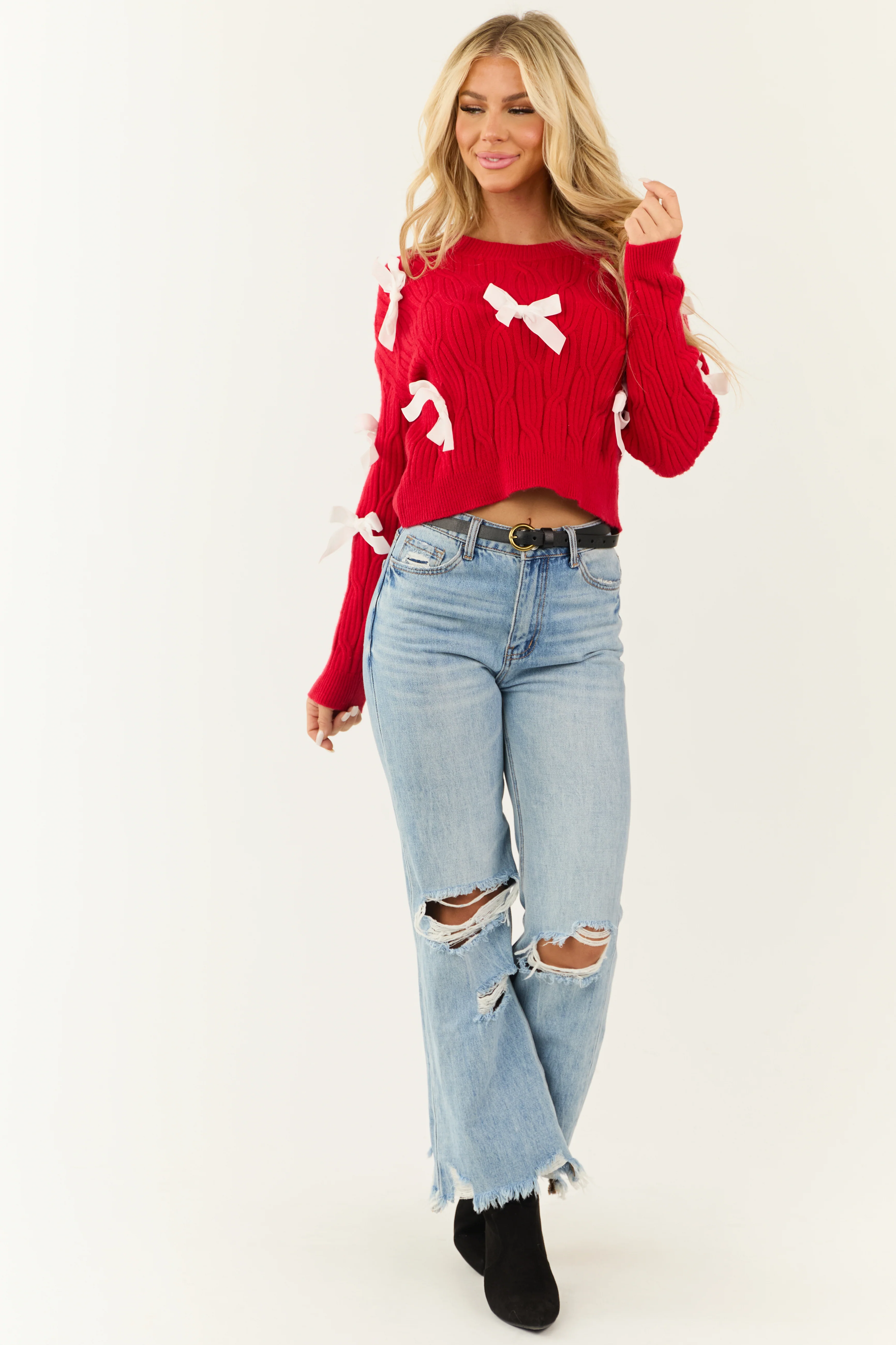 Lipstick Ribbon Bow Applique Knit Sweater - Image 3