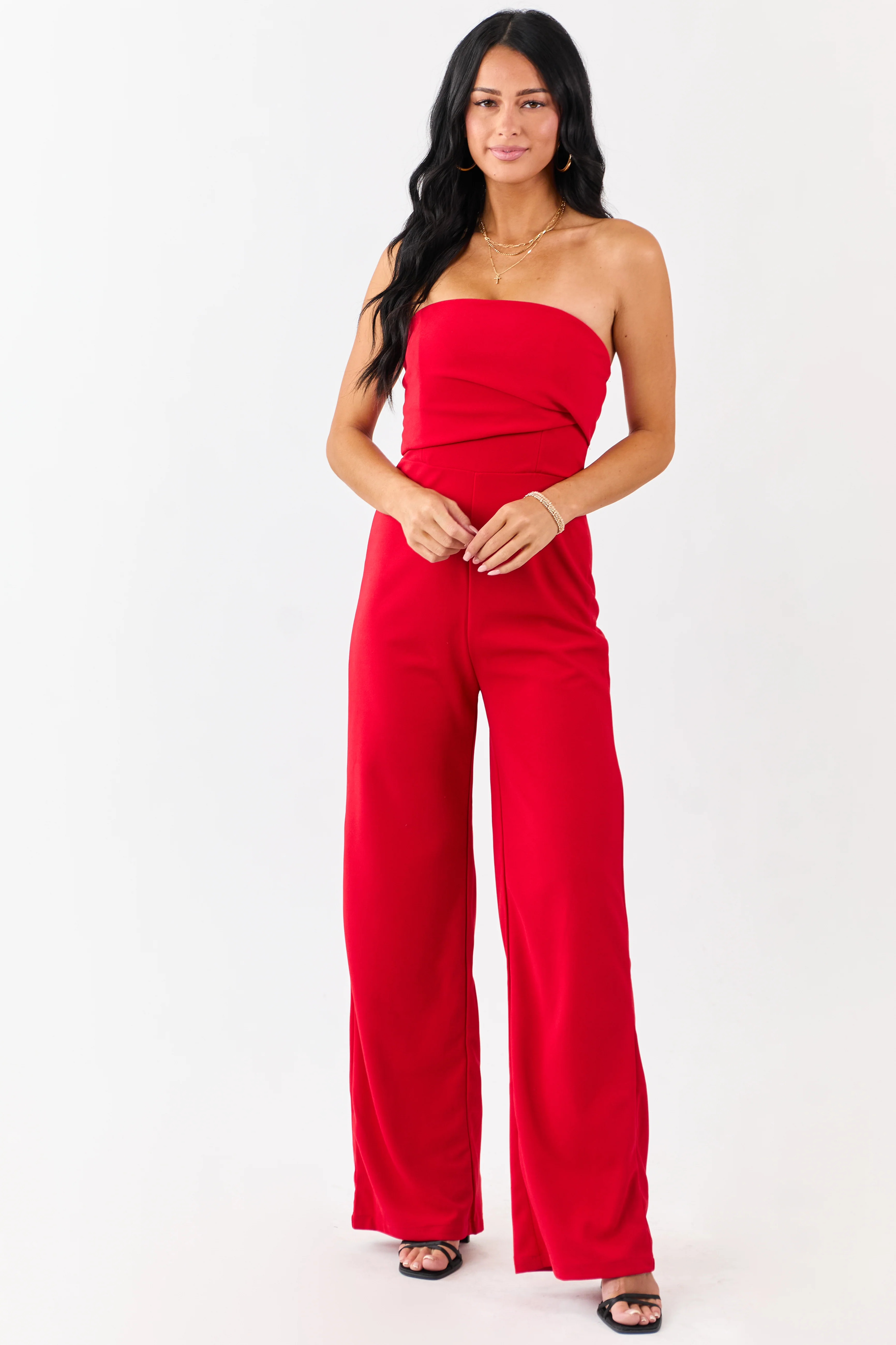 Lipstick Strapless Pleated Wide Leg Knit Jumpsuit