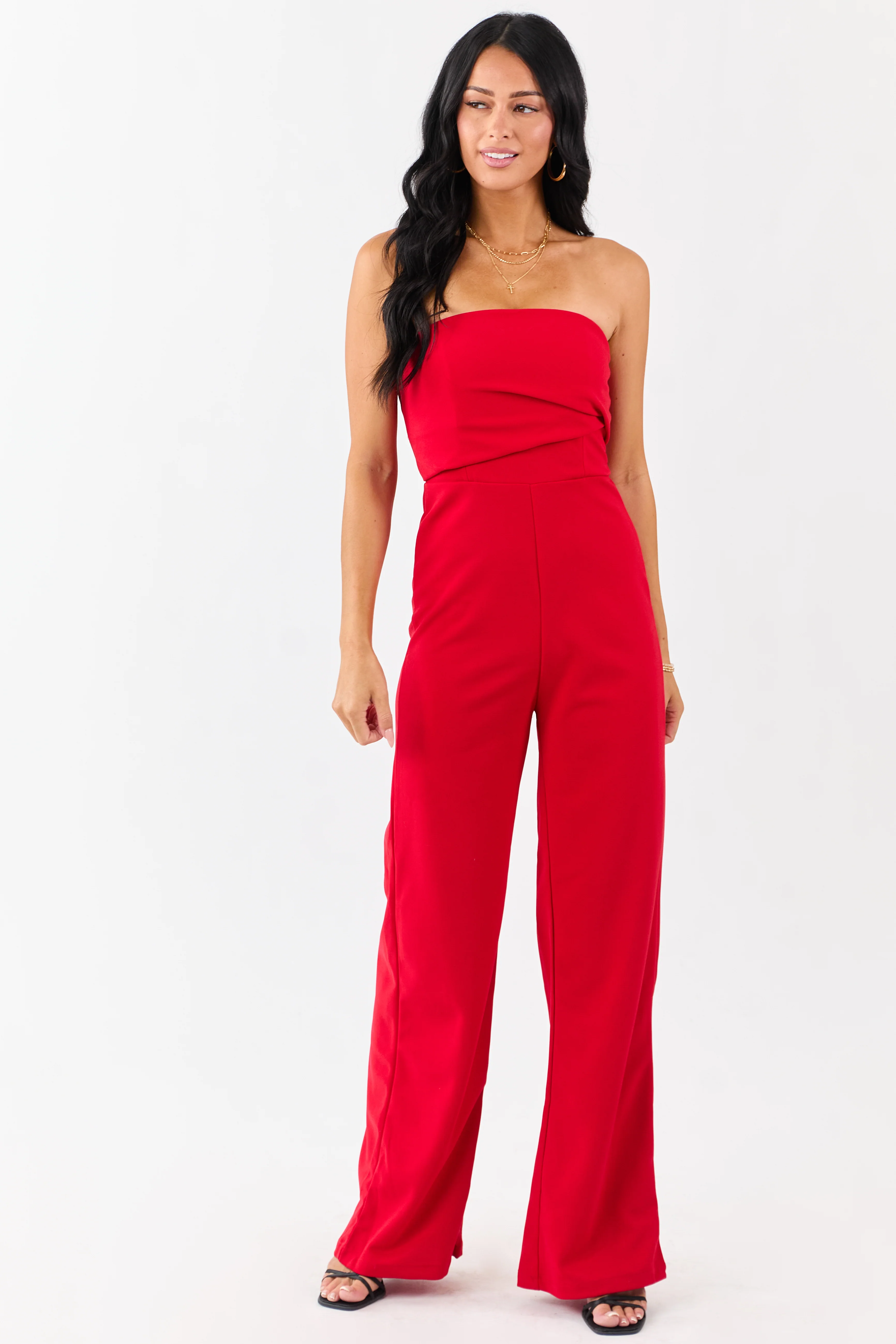 Lipstick Strapless Pleated Wide Leg Knit Jumpsuit - Image 3
