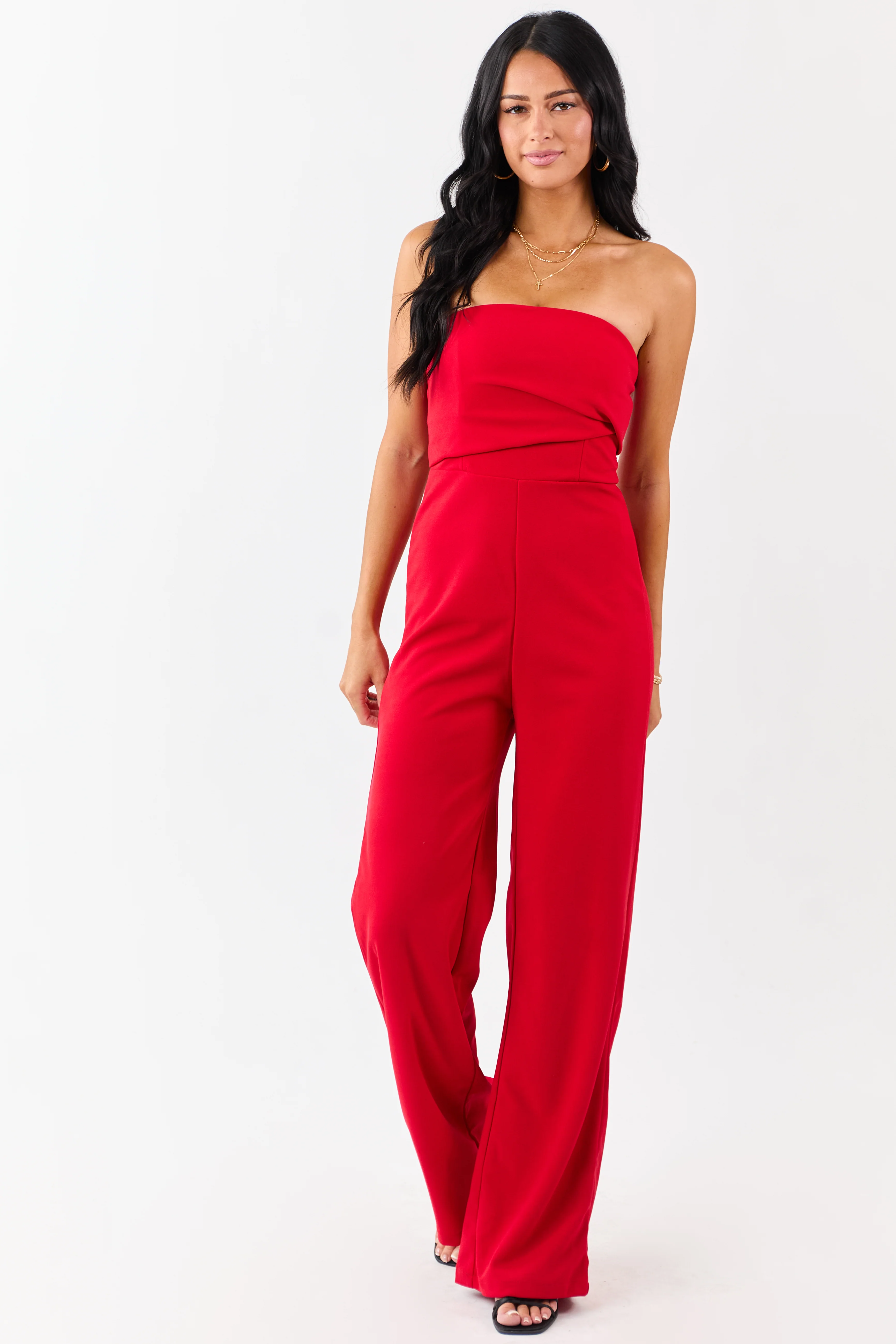 Lipstick Strapless Pleated Wide Leg Knit Jumpsuit - Image 4