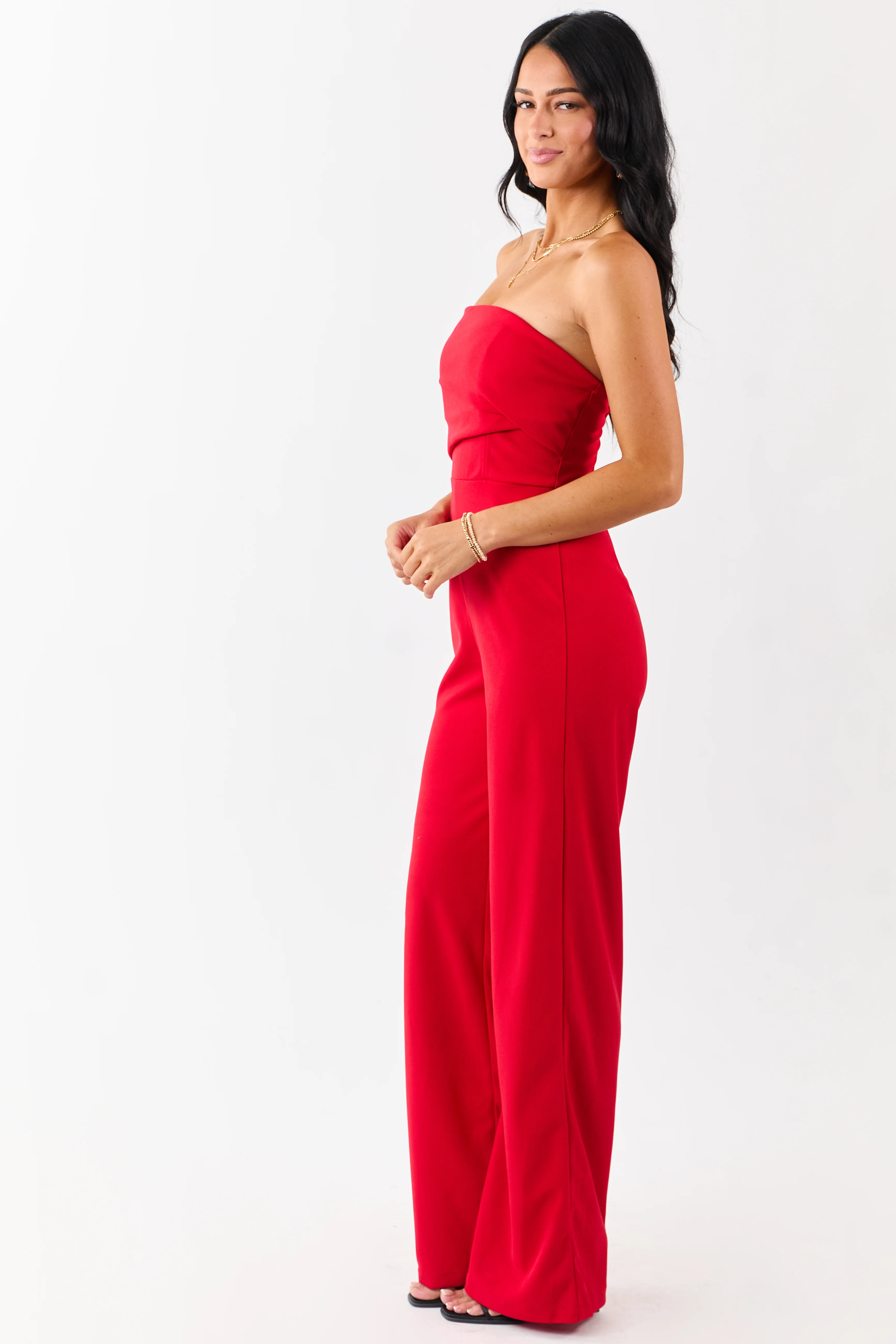 Lipstick Strapless Pleated Wide Leg Knit Jumpsuit - Image 5
