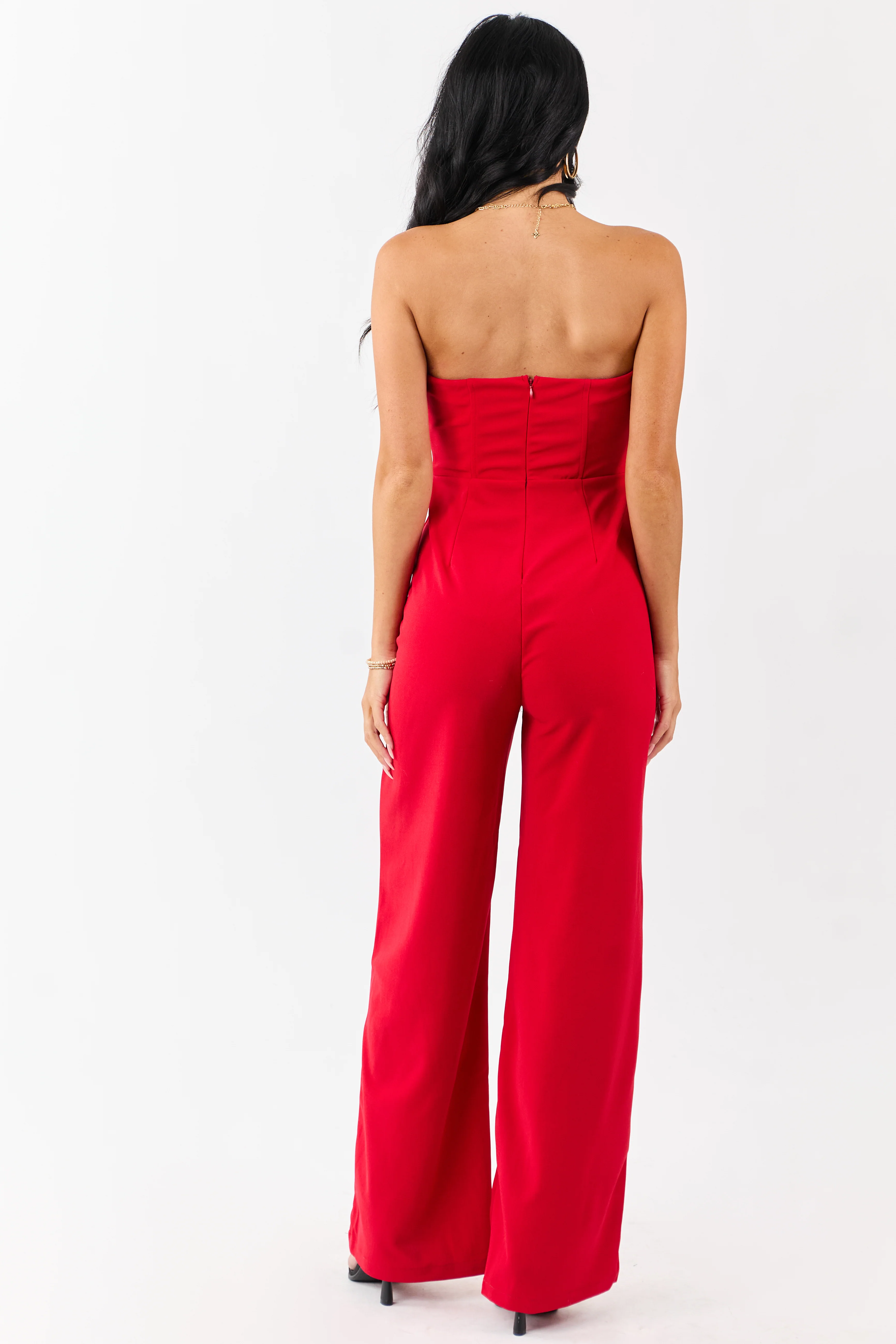 Lipstick Strapless Pleated Wide Leg Knit Jumpsuit - Image 6