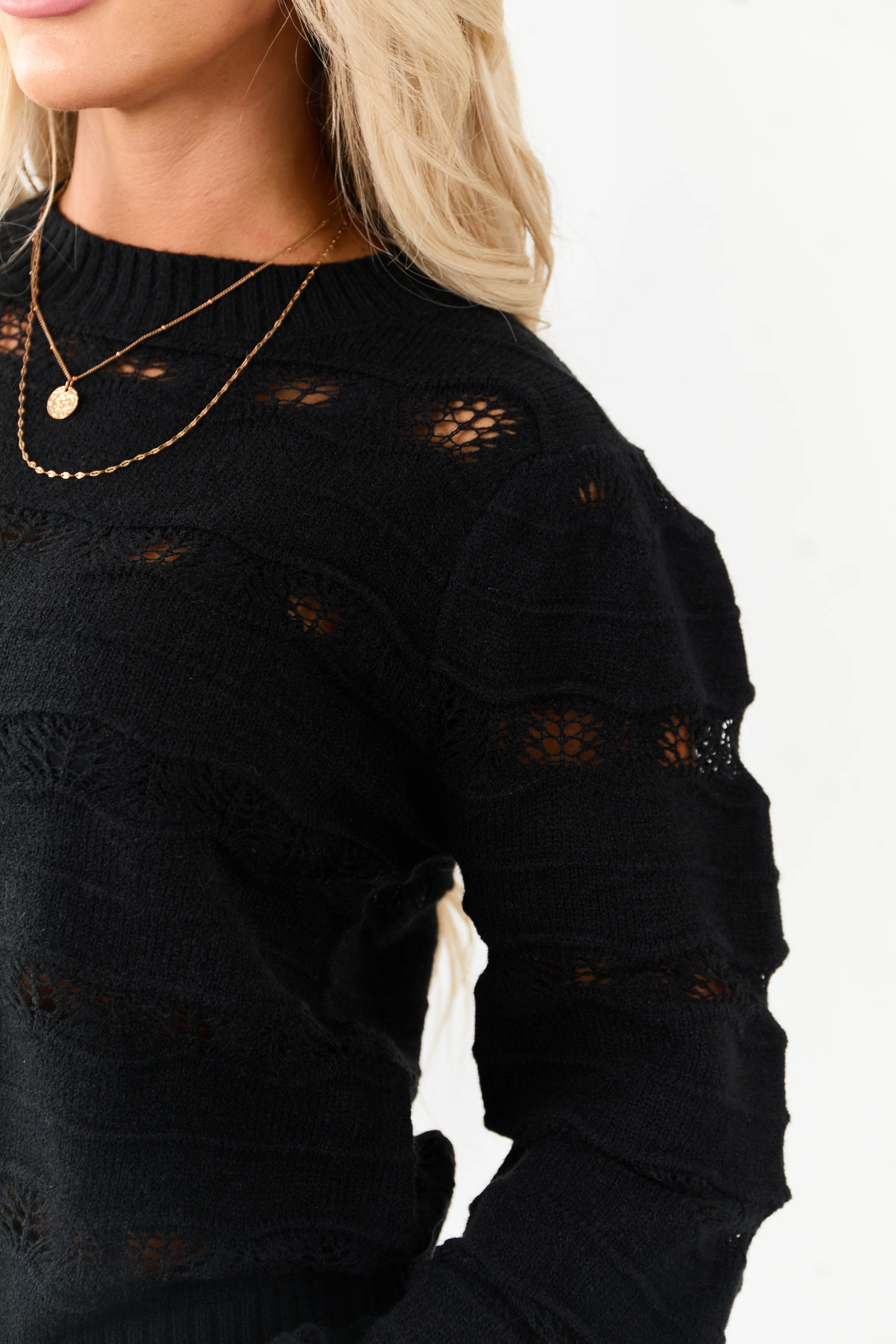 Listicle Black Pointelle Wavy Stripe Knit Sweater - Image 2