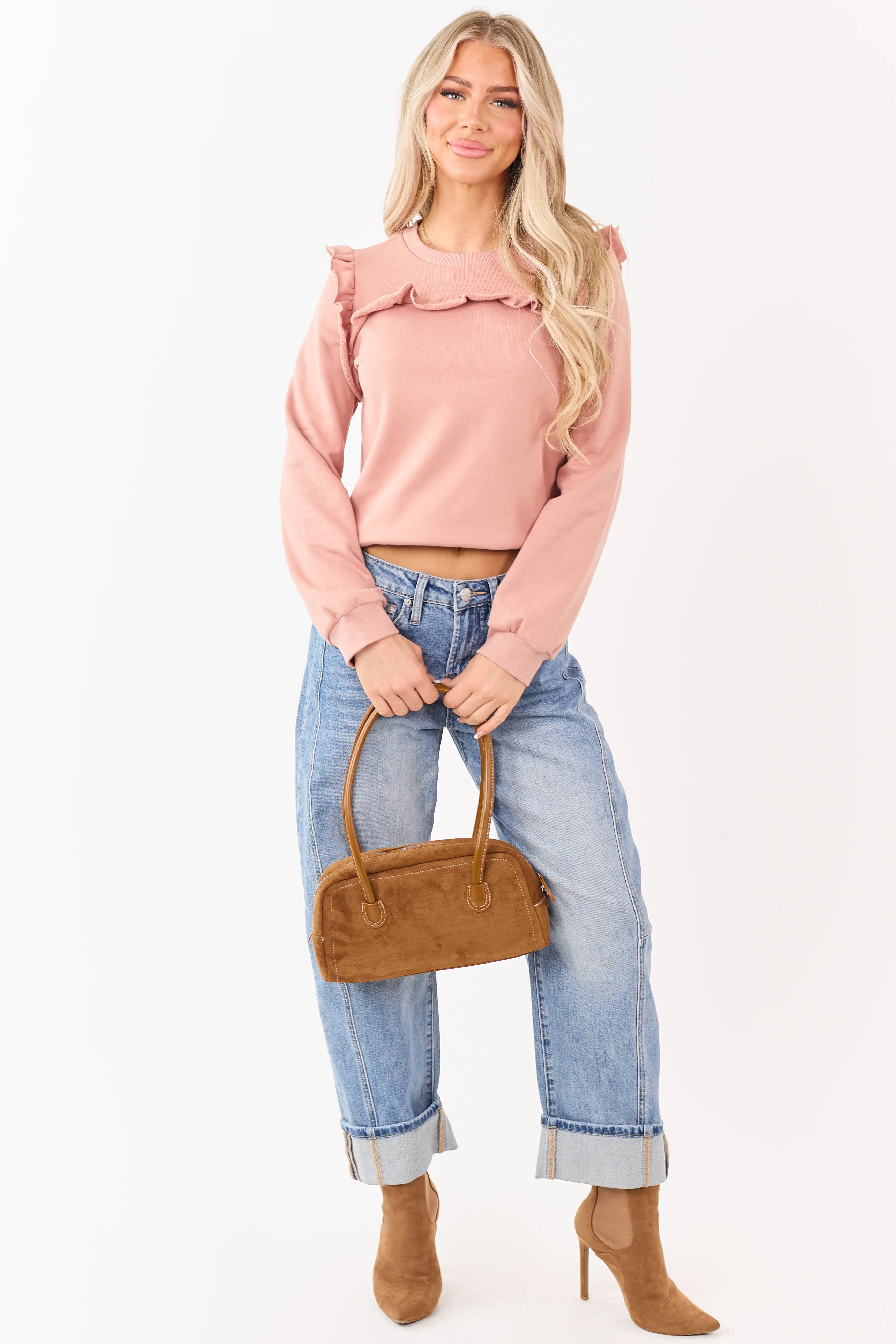 Listicle Dusty Coral Ruffled French Terry Sweatshirt - Image 2