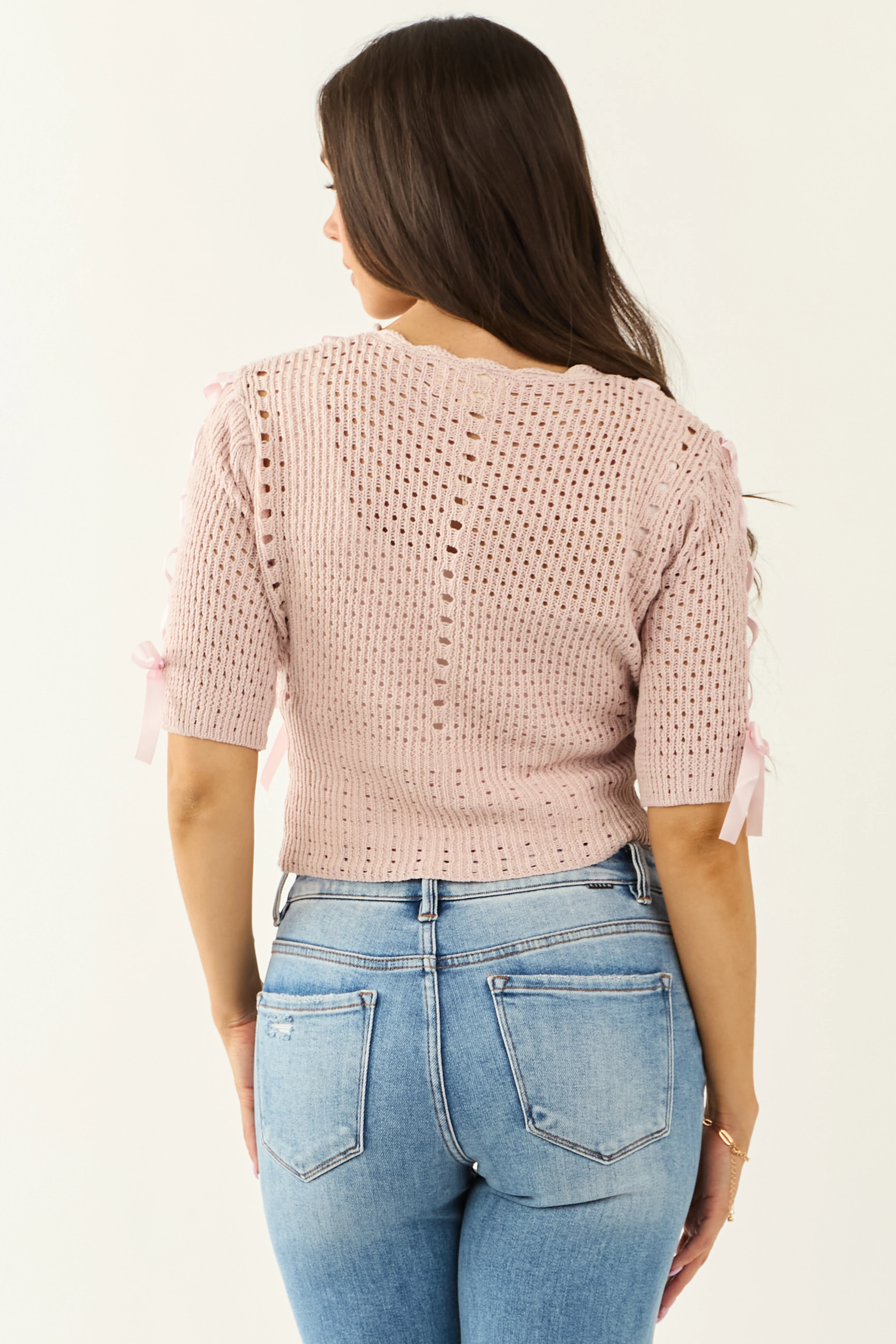 Listicle Mauve Button Down Bow Cotton Cardigan - Image 5