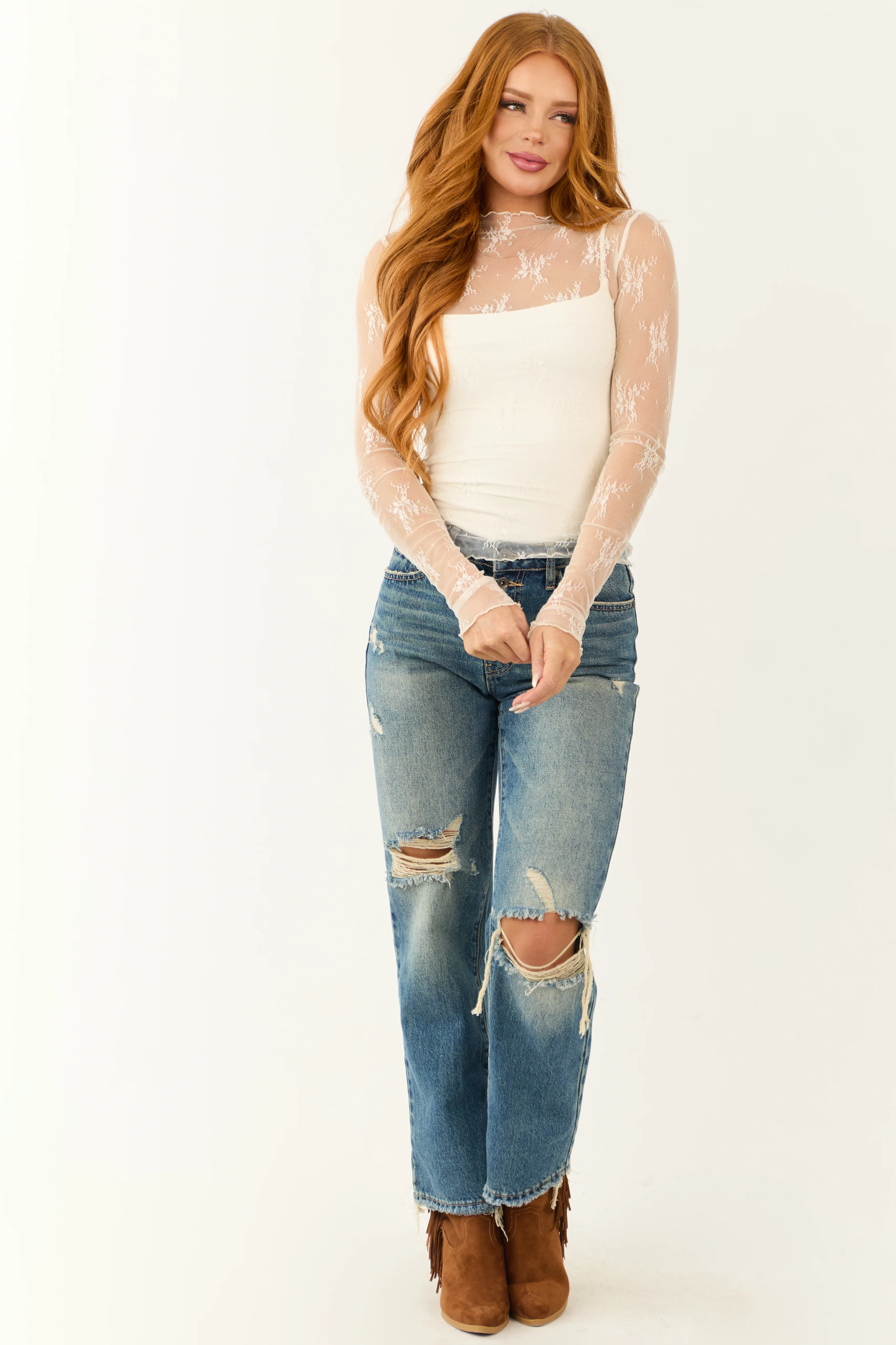 Listicle Off White Floral Mesh Lace Long Sleeve Top - Image 5