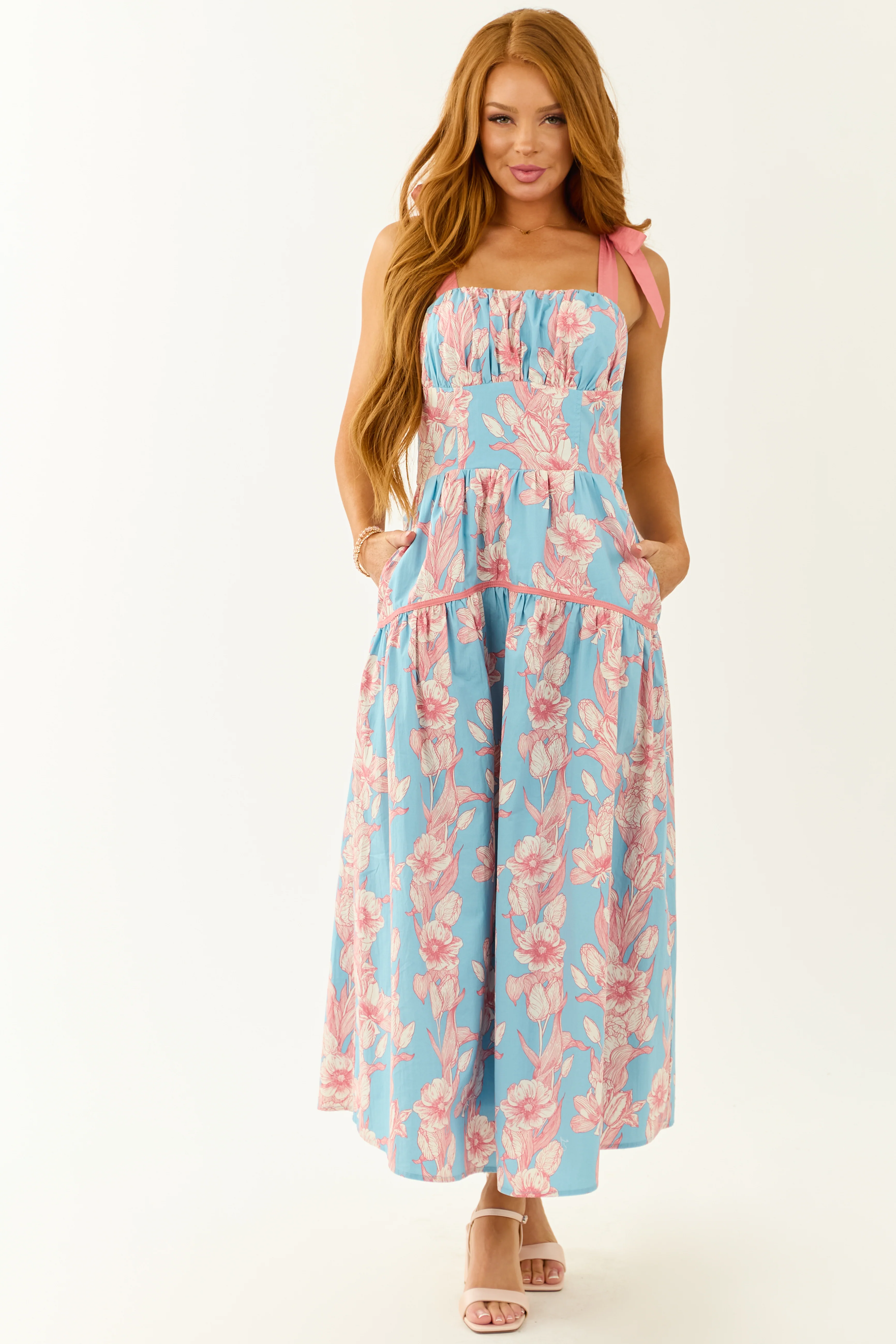 Listicle Powder Blue Floral Print Cotton Midi Dress - Image 3