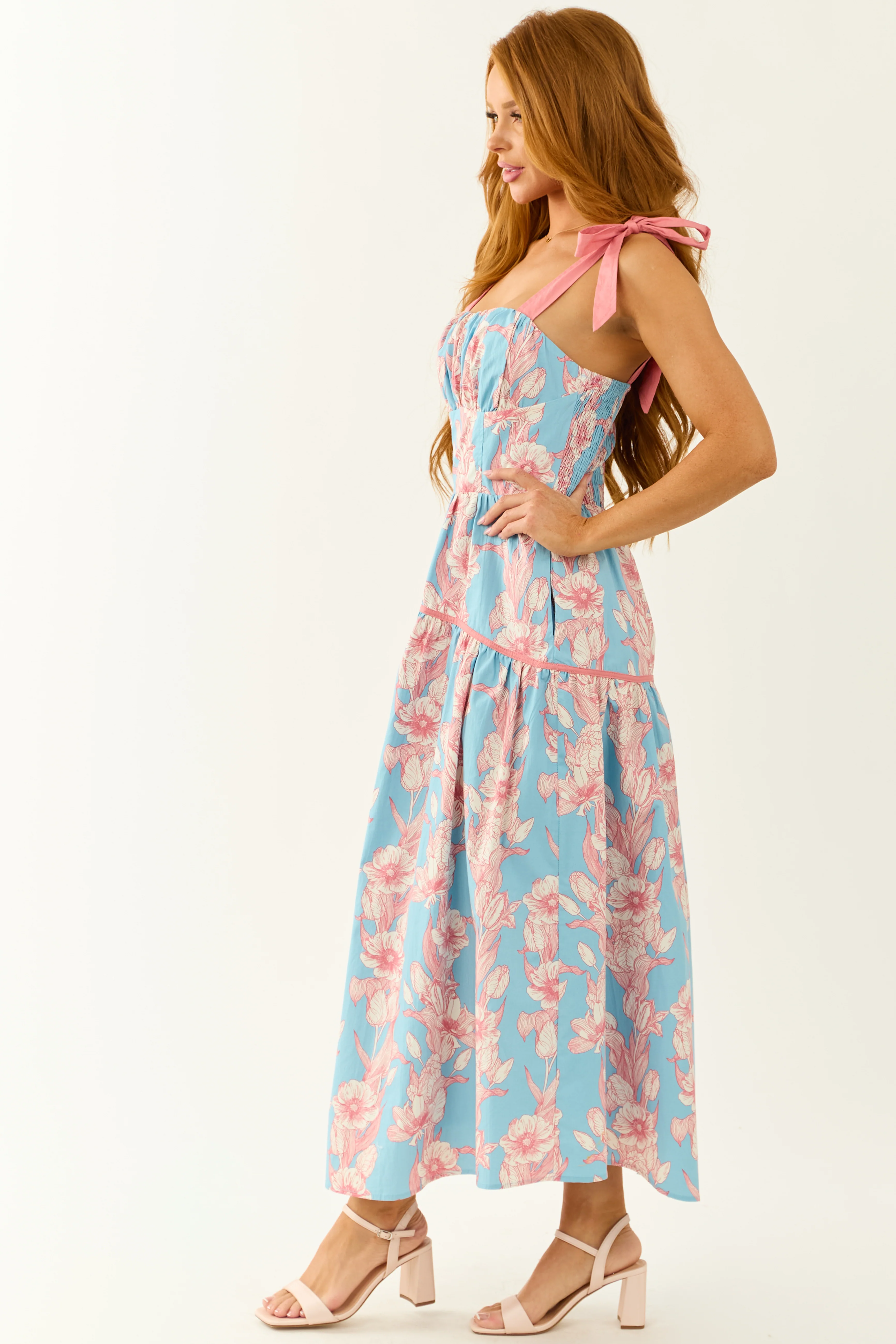 Listicle Powder Blue Floral Print Cotton Midi Dress - Image 5