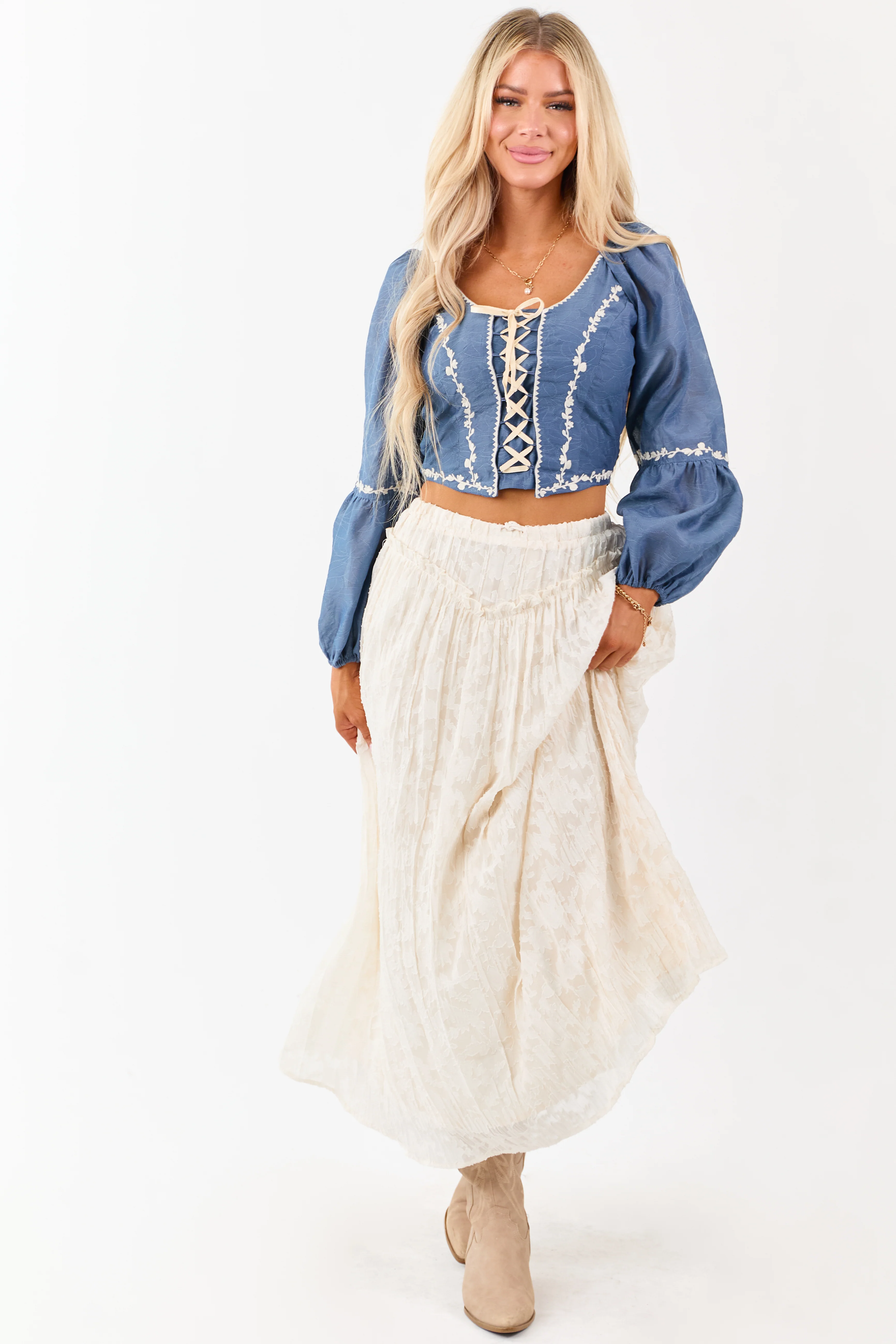 Listicle Steel Blue Embroidered Lace Up Top - Image 2