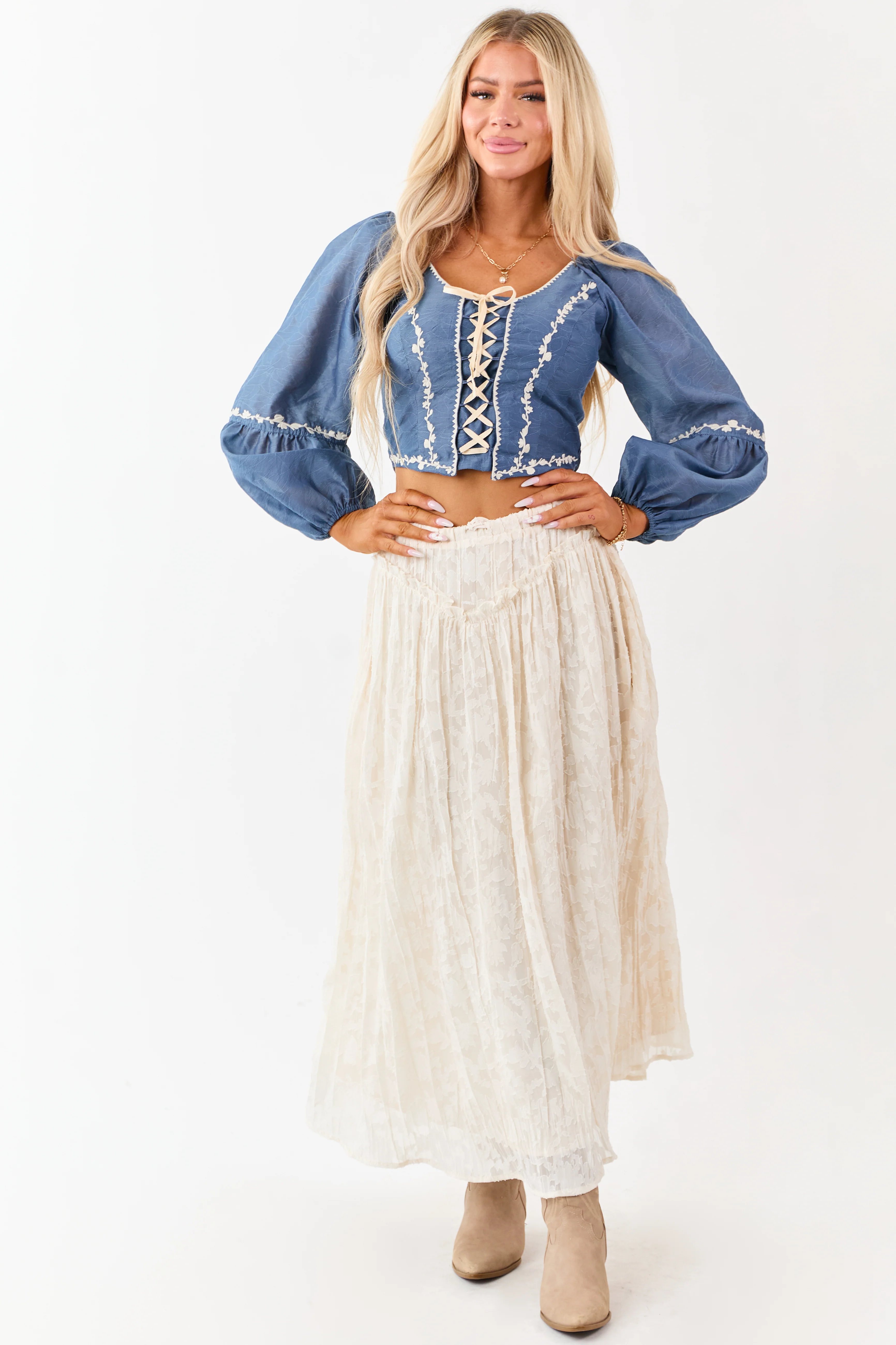 Listicle Steel Blue Embroidered Lace Up Top - Image 4
