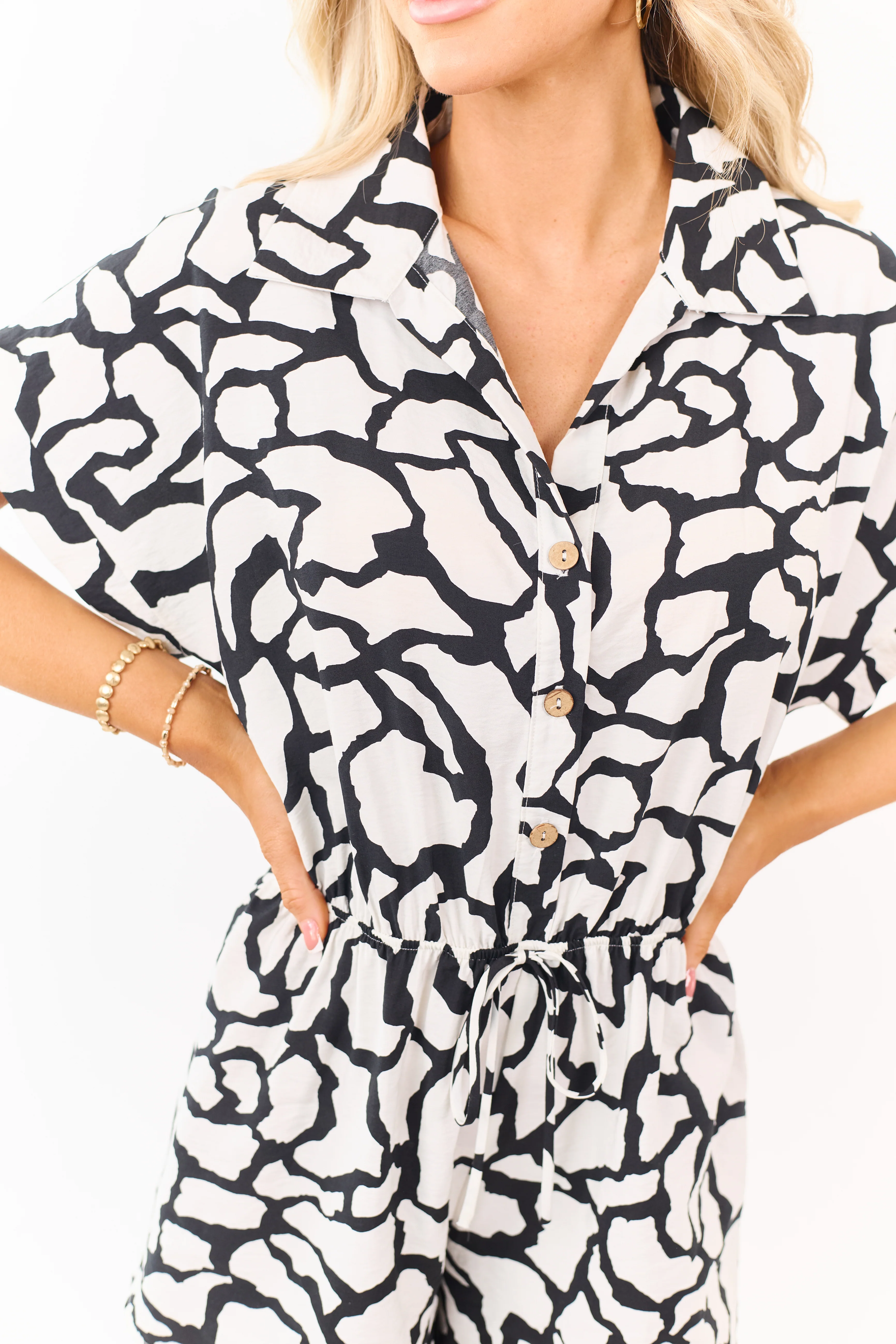 Lovelo Black Abstract Print Button Down Romper - Image 6