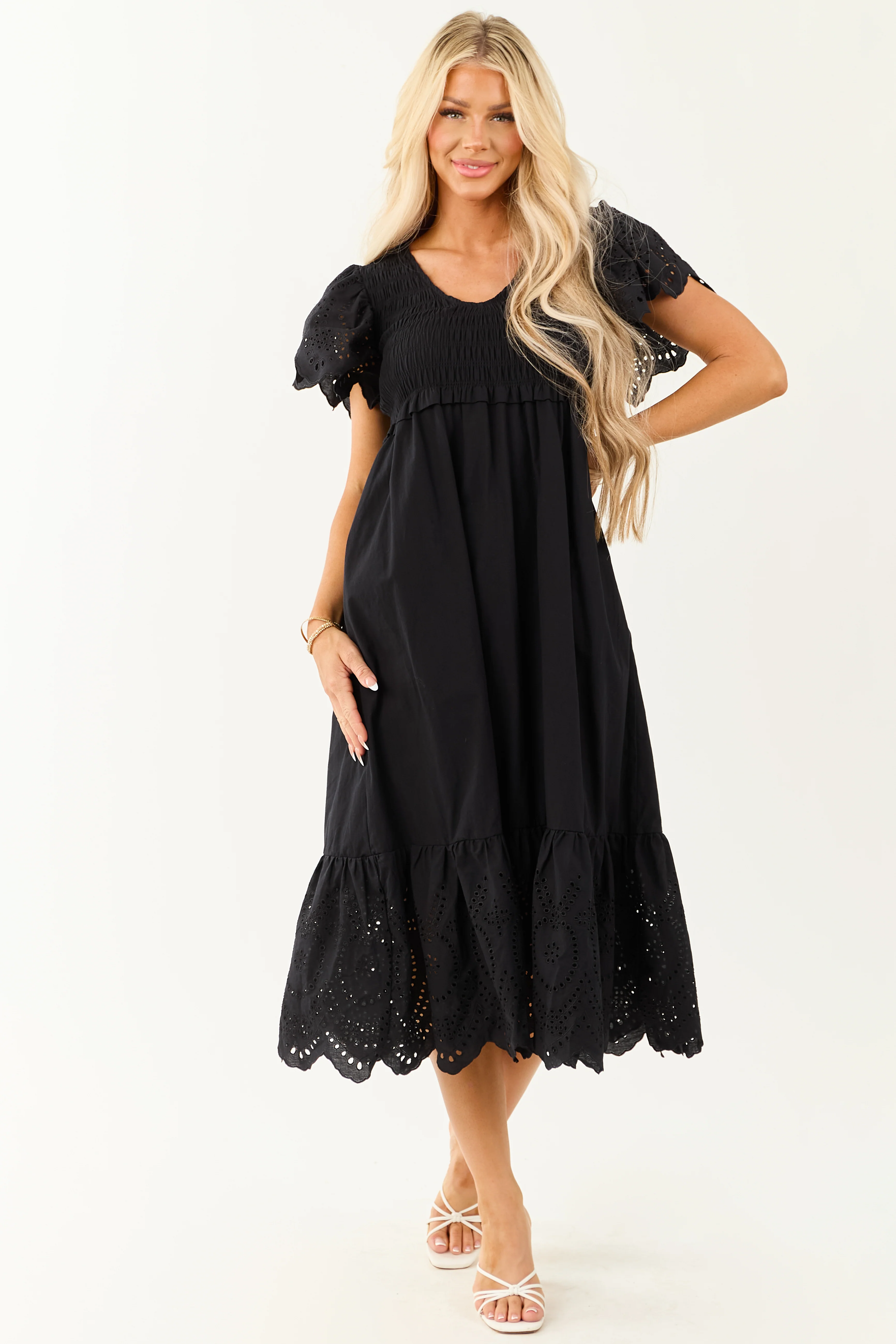 Lovelo Black Smocked Ruffle Sleeve Cotton Midi Dress - Image 2