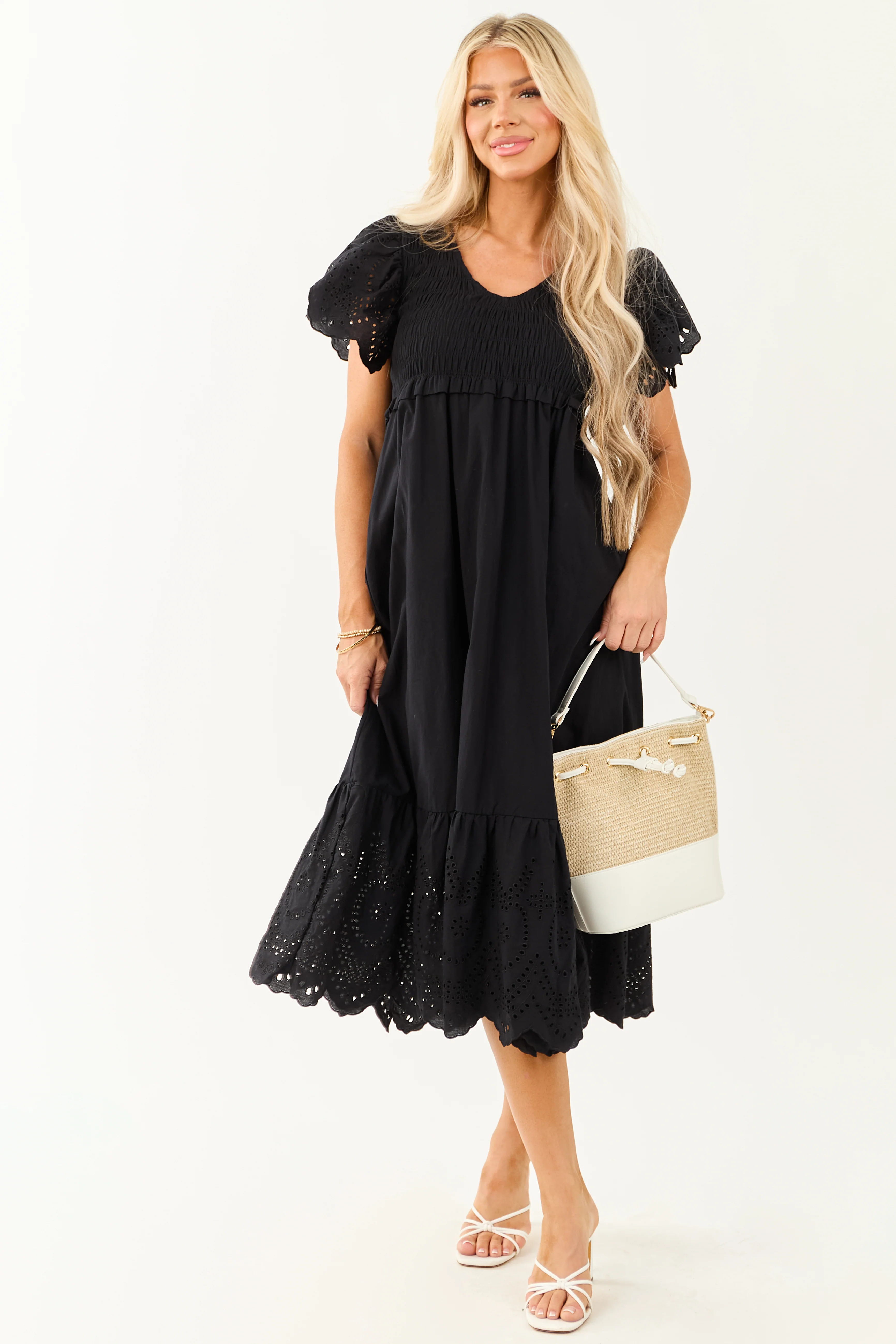 Lovelo Black Smocked Ruffle Sleeve Cotton Midi Dress - Image 3