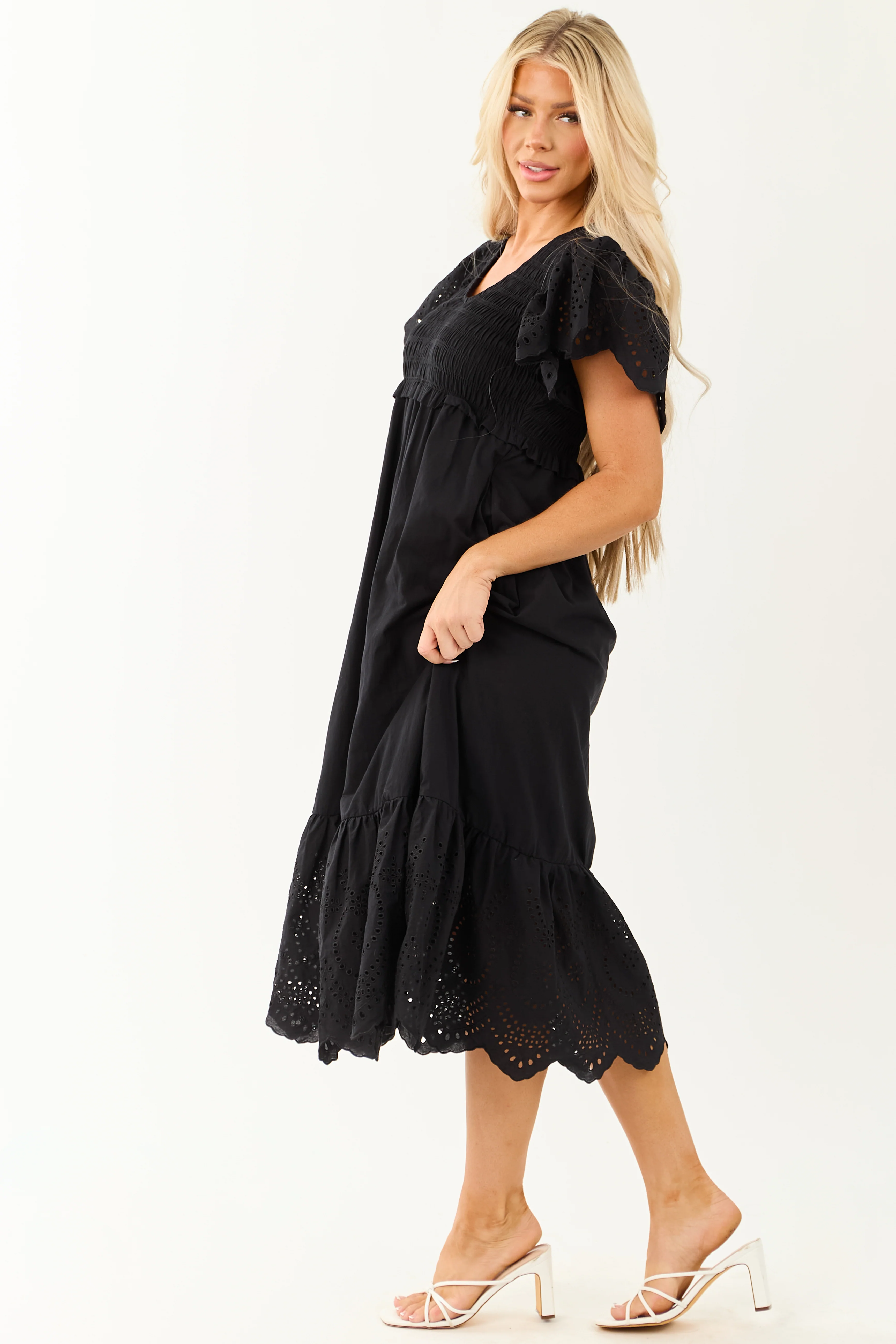 Lovelo Black Smocked Ruffle Sleeve Cotton Midi Dress - Image 4